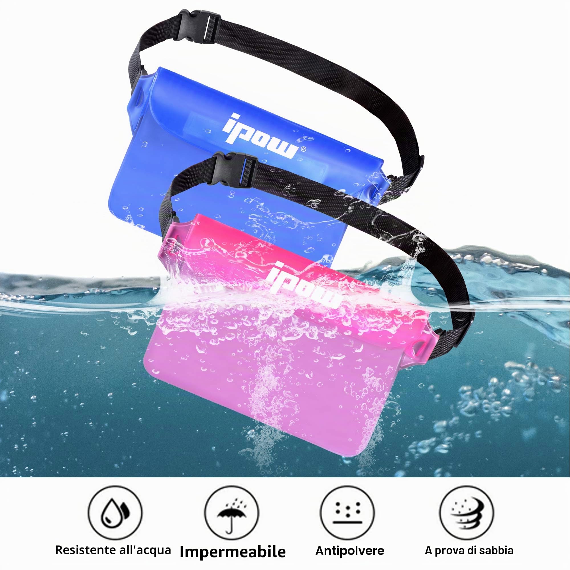 ipow 2 PZ Borsa Impermeabile Custodia Impermeabile Marsupio Impermeabile Mare Universale Chiusura a 3 Zip Super Protezione Certificato IPX8 con Cintura Regolabile per Documento Cellulare