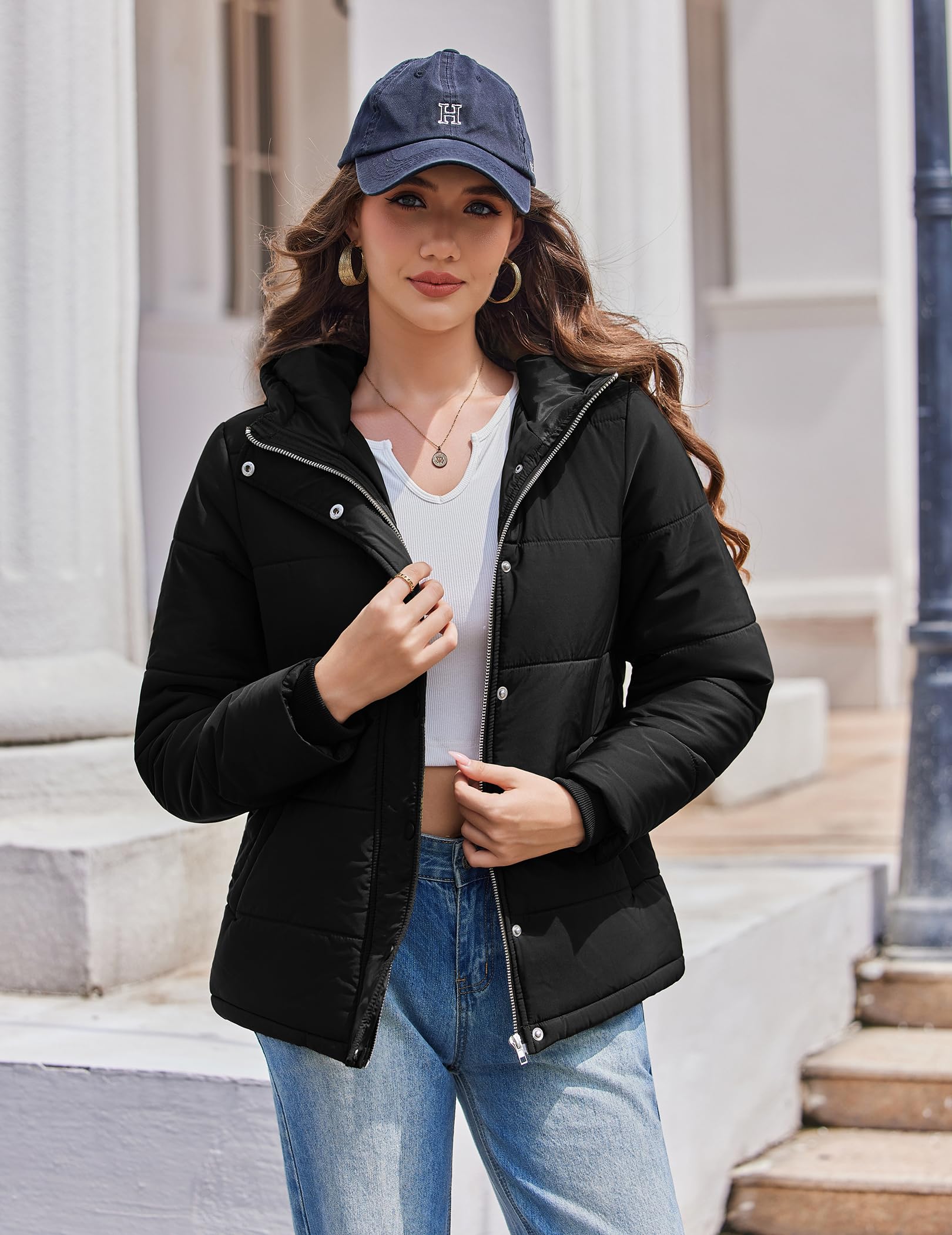 Zeagoo Doudoune femme hiver à capuche veste matelassée chaude coupe vent blouson court zippée avec poches légère doublée confort quotidien extérieur S-XXL