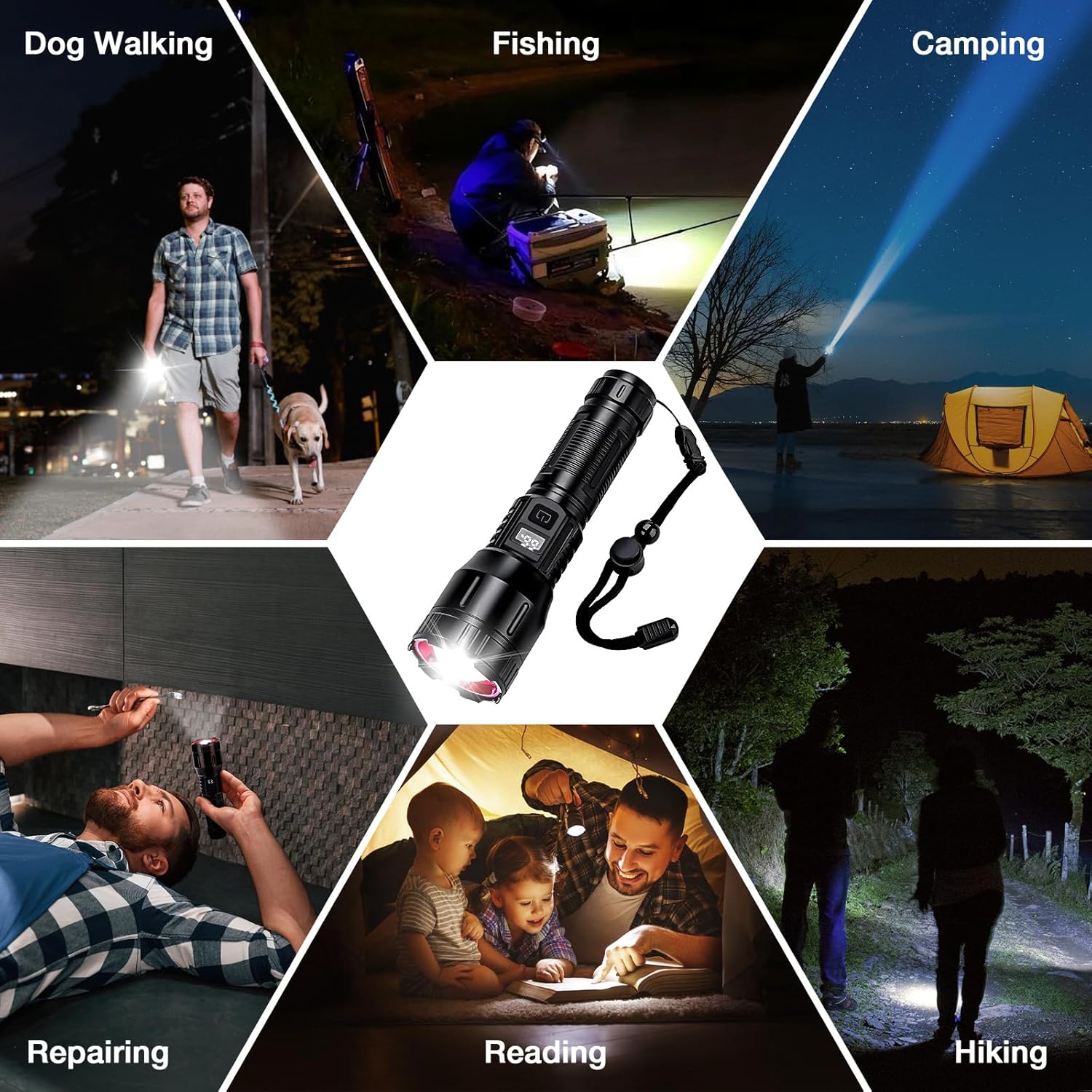 Flashlight High Lumen Rechargeable 1,500,000L, Handheld Tactical LED Strong Flash Light, Battery Powered Super Bright Flashlight with Type-C, 3 Modes, Zoomable, USB Output for Home, Emergency