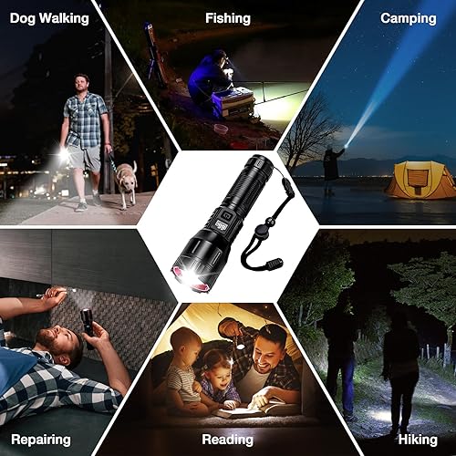 Miniatura 7 de Linternas recargables de alto lúmenes 990,000L (2 paquetes), luz LED súper brillante táctica de mano, linterna fuerte alimentada por batería con USB