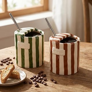 2 Pack 10oz Ceramic Coffee Mugs with Sip Hole & Straws, Hand-Painted Striped Espresso Cups, Retro Travel Mug for Coffee, Tea & Latte, Microwave and Dishwasher Safe, Green & Brown