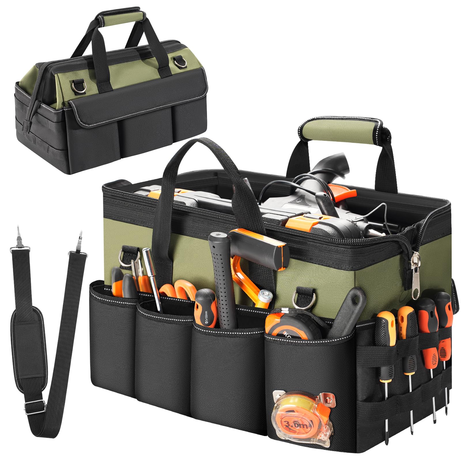 19" Portable Heavy Duty Tool Bag with Adjustable Shoulder Strap, Green
