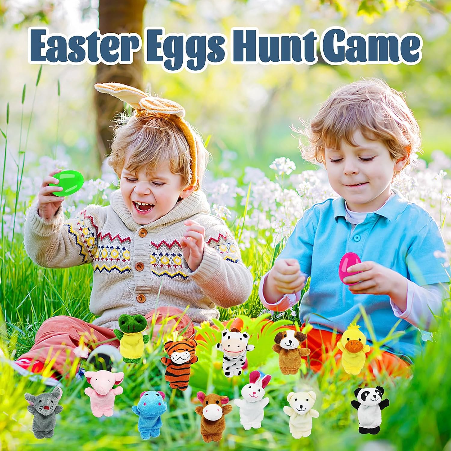 VEALIZUU 12 Pack Easter Eggs with Mini Plush Animals Finger Puppets Toys for Kids, Perfect for Easter Egg Hunt Game, Easter Party Favors, Easter Gift for Kids