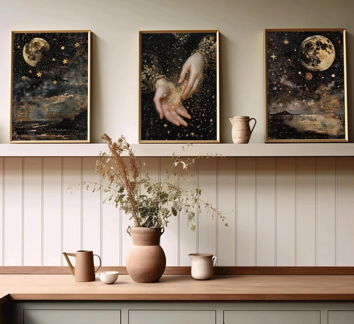 3Pcs Vintage Celestial Canvas Wall Art Moody Dark Academia We Are All Stardust Romatic Aesthetic Witchy Landscape Pictures Wall Decor Poster Print Artwork for Apartment Bedroom Dorm Girl Room Unframed