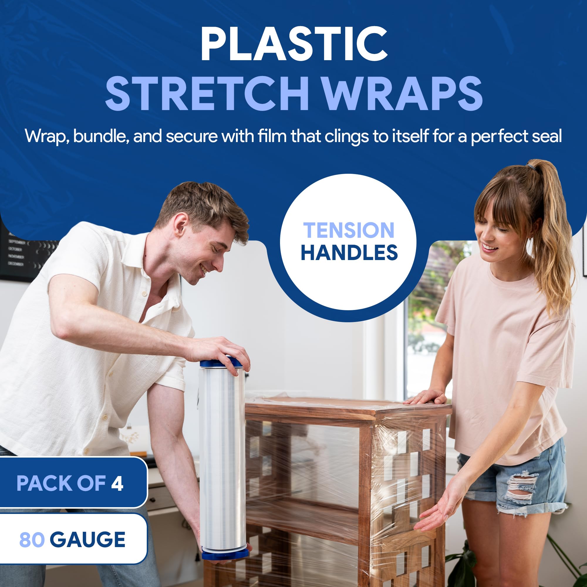 International Plastics Co. Pellicola estensibile in plastica con manici a tensione, spessore 80, 457 m, 800% trasparente, aderenza durevole, per imballaggi e traslochi, resistente (trasparente,