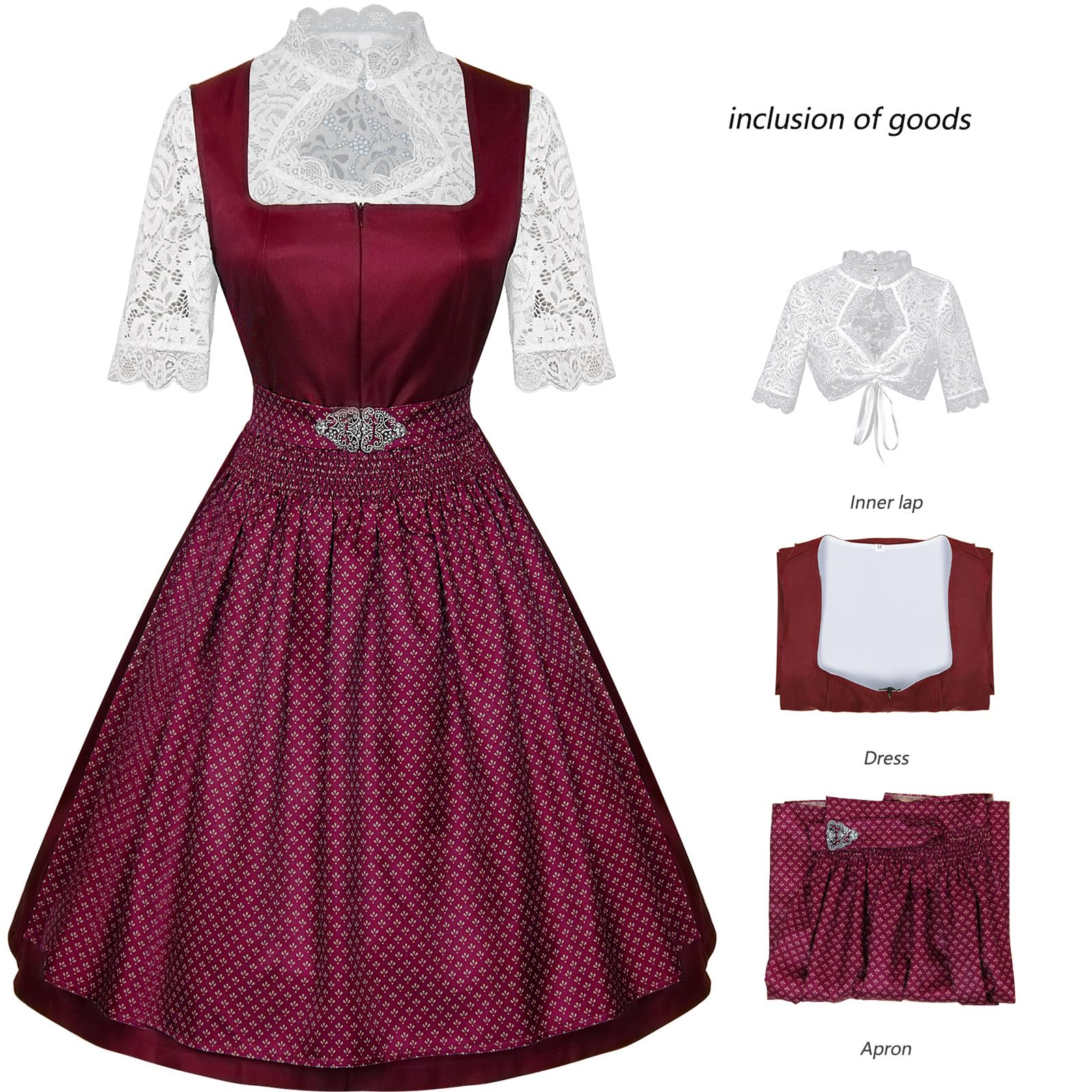 Dirndl Damen Elegante Trachtenkleid für Oktoberfest | Dirndl Damen Elegant Trachtenkleid inkl. Trachtenrock Dirndlbluse Dirndlschürze für Oktoberfest