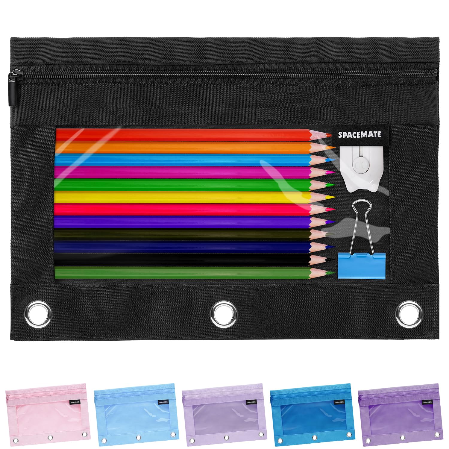 Binder Pencil Pouch Case for 3 Ring Binder School Supplies, Clear Zipper Pen Case Bag for Girls Boys Women Men Adults, 1 Pack, Black