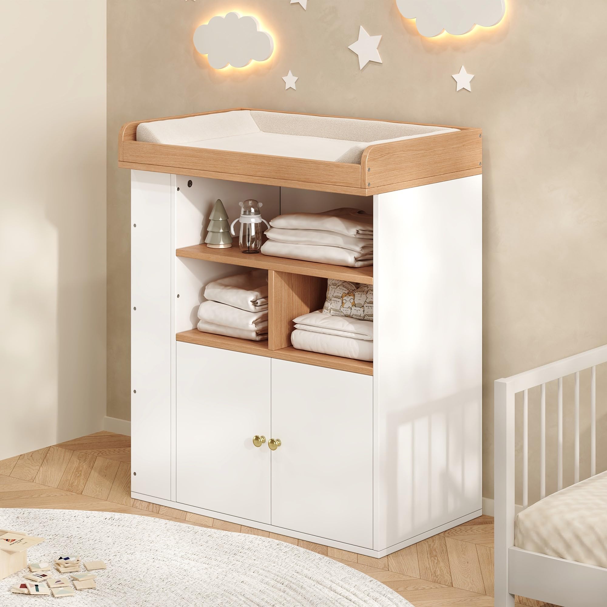 Cambiador de bebé 2 en 1, multifuncional, pasamanos desmontables, con espacio de almacenamiento y cajones, efecto madera blanca, natural+blanco, 82 × 50 × 100 cm, sin cambiador