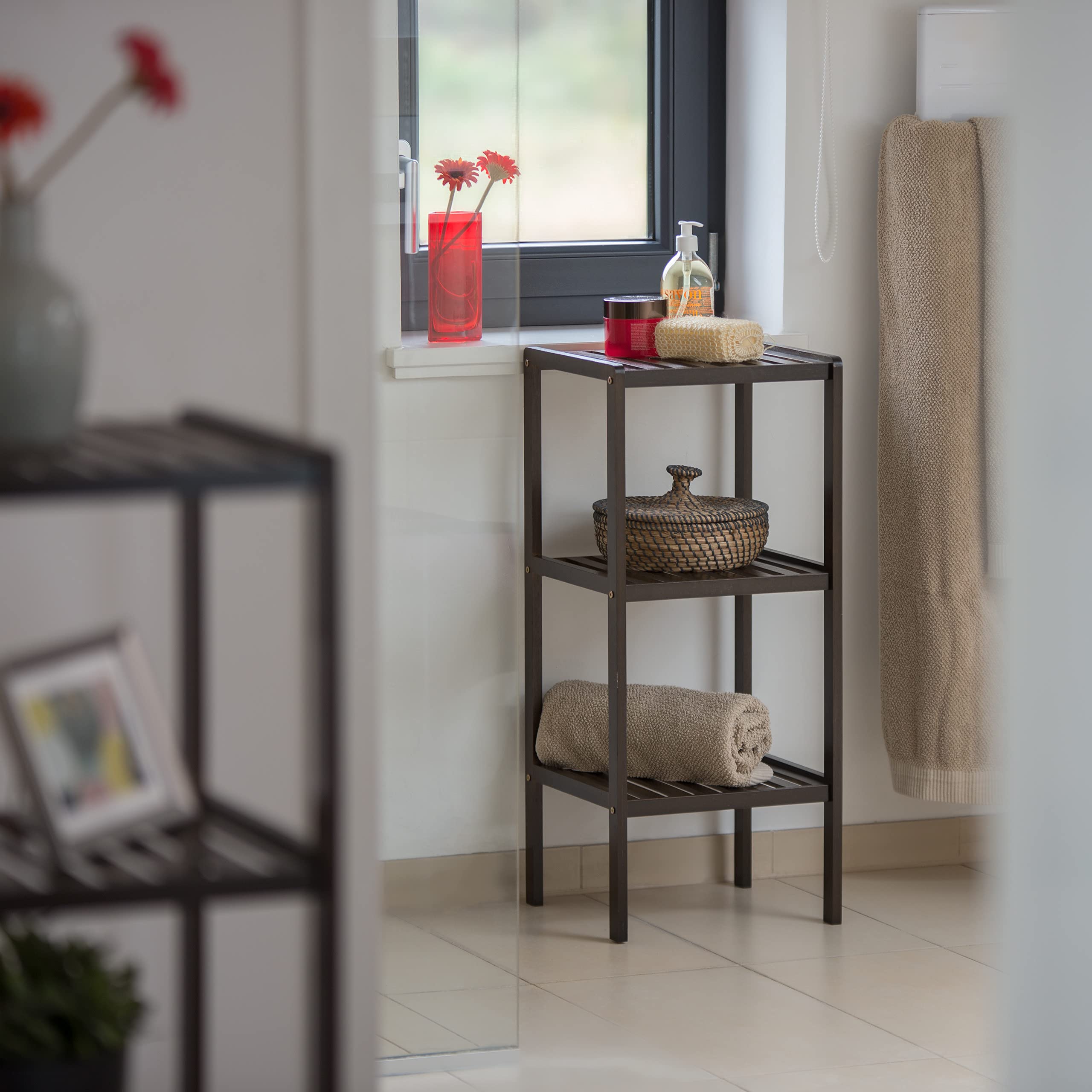 Relaxdays Scaffale da Bagno, Bambù, Ripiani Portaoggetti, Mobiletto Salvaspazio, 80x34,5x33 cm, Mobile Cucina, Marrone