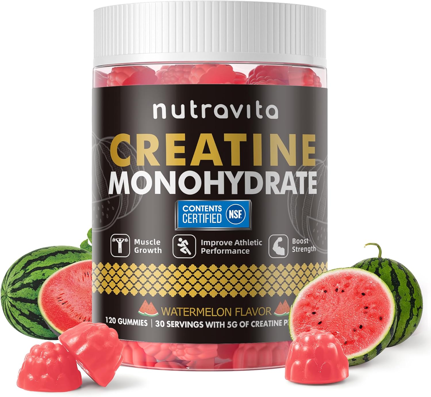 NSF Certified Creatine Gummy - Creatine Monohydrate Gummies for Men & Women, Creatine Monohydrate for Muscle Strength, Muscle Builder, Energy Boost, Pre-Workout Supplement(120 Count)-Watermelon Flavor