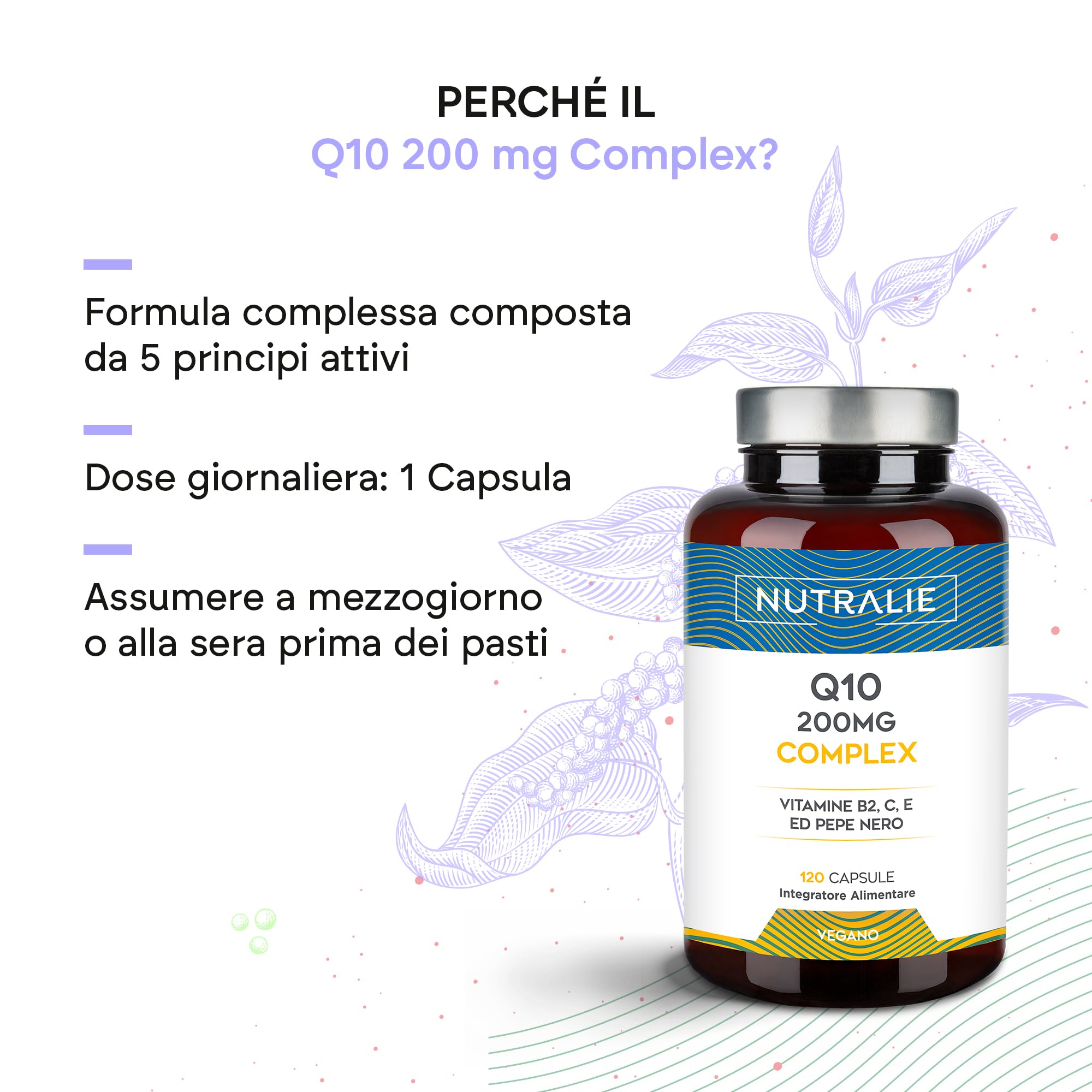 Coenzima Q10 Complex 200mg - 120 Capsule Coq10 - Antiossidante con Vitamina C, E e B2, Pepe Nero - Sistema Immunitario - Ubichinone Coenzima Q10-120 Capsule Nutralie