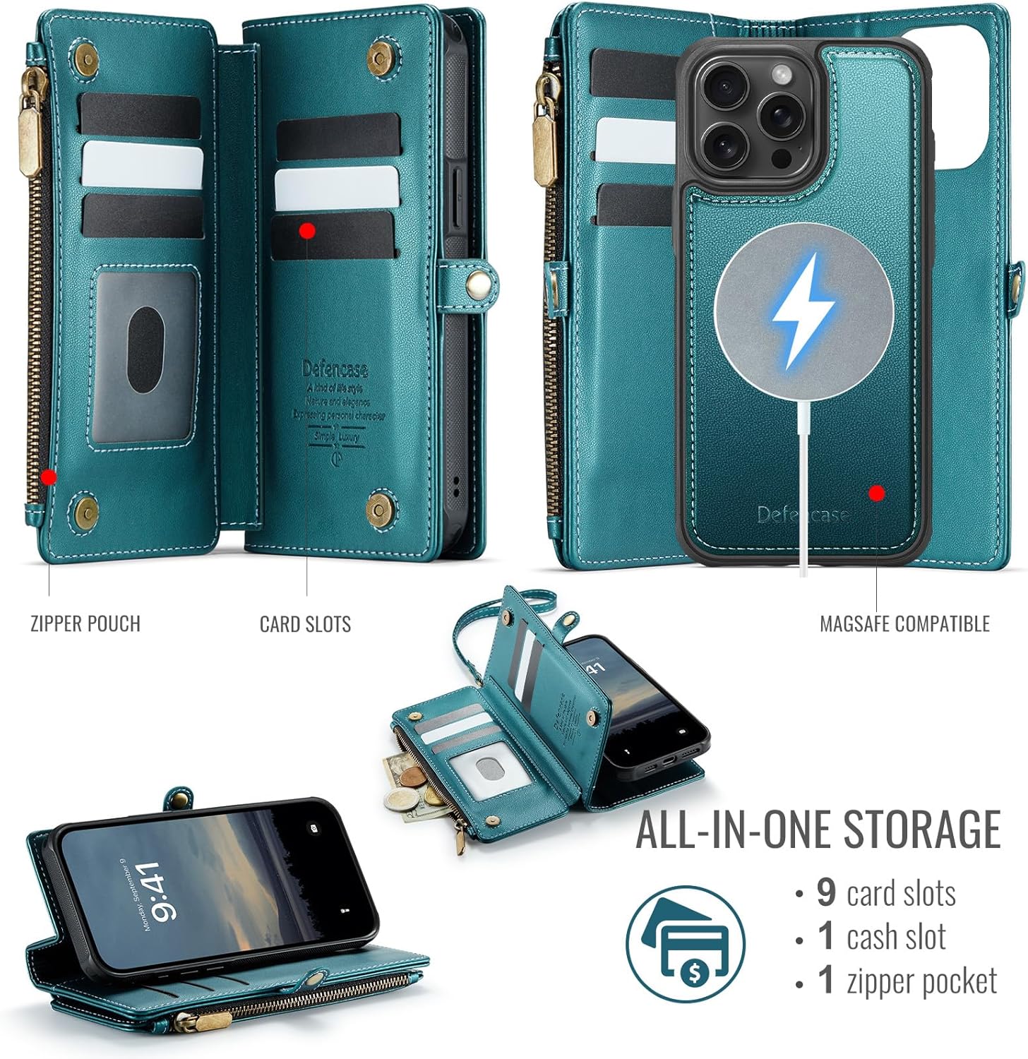 Defencase for iPhone 15 Pro Max Magnetic Wallet Case Compatible with Magsafe with RFID Blocking Zipper Strap Card Holder for Women, PU Leather Detachable Case for iPhone 15 Pro Max (6.7"), Blue Green - Image 2