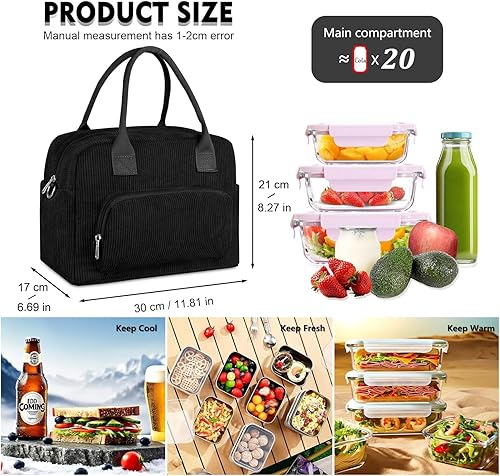 Miniatura 5 de FITDON Lonchera térmica para mujeres y hombres, contenedor grande de pana a prueba de fugas, bolsa de almuerzo para picnic de trabajo, color negro