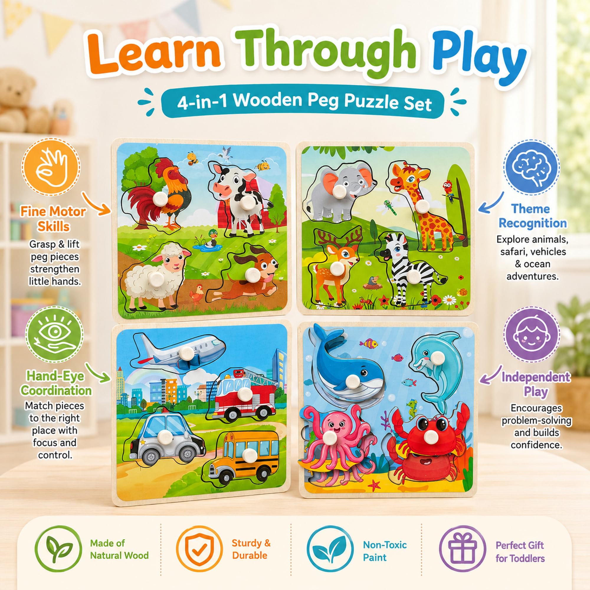 Wooden Peg Puzzle Set for Toddlers, 4 Pack Animal Vehicle Ocean Farm Puzzles, Montessori Wooden Puzzles for Ages 2-4, Preschool Learning Toys for Fine Motor Skills, Gifts for Boys Girls 1 2 3 4