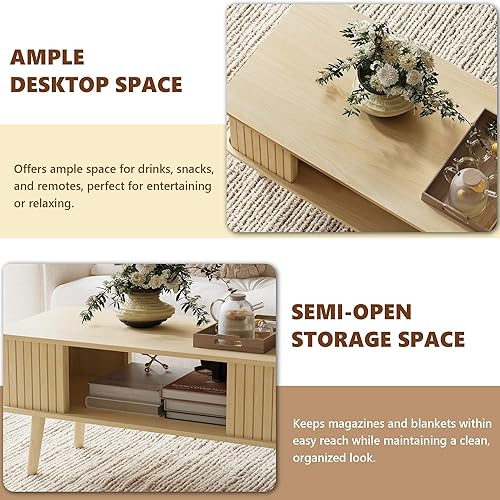 Miniatura 3 de LAZZO Mesa auxiliar con mesa central de almacenamiento para sala de estar, mesa de centro rectangular con bordes redondeados, fácil montaje, madera