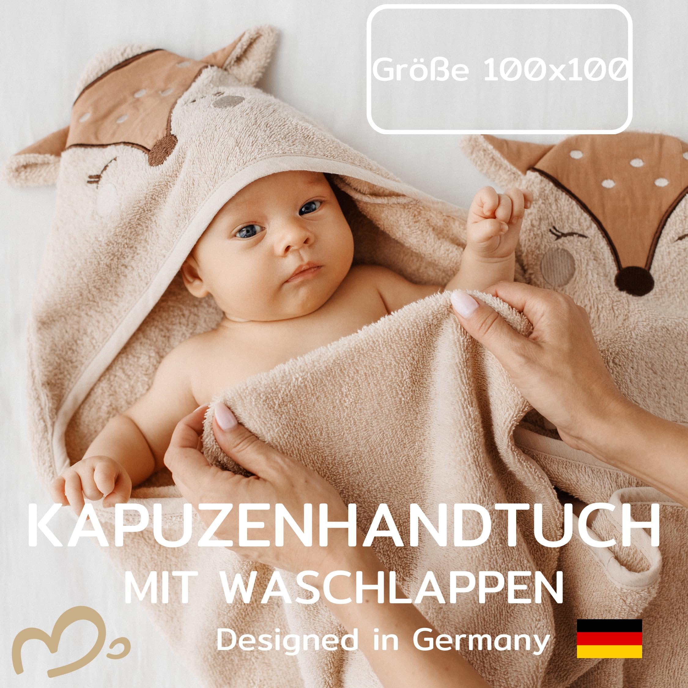 Babyhandtuch mit Kapuze und Waschlappen 100x100 cm – Handtuch Rentier aus 100% Baumwolle - REH Badetuch mit Kapuze - Geschenk Geburt - Baby Erstausstattung Neugeborenen Set