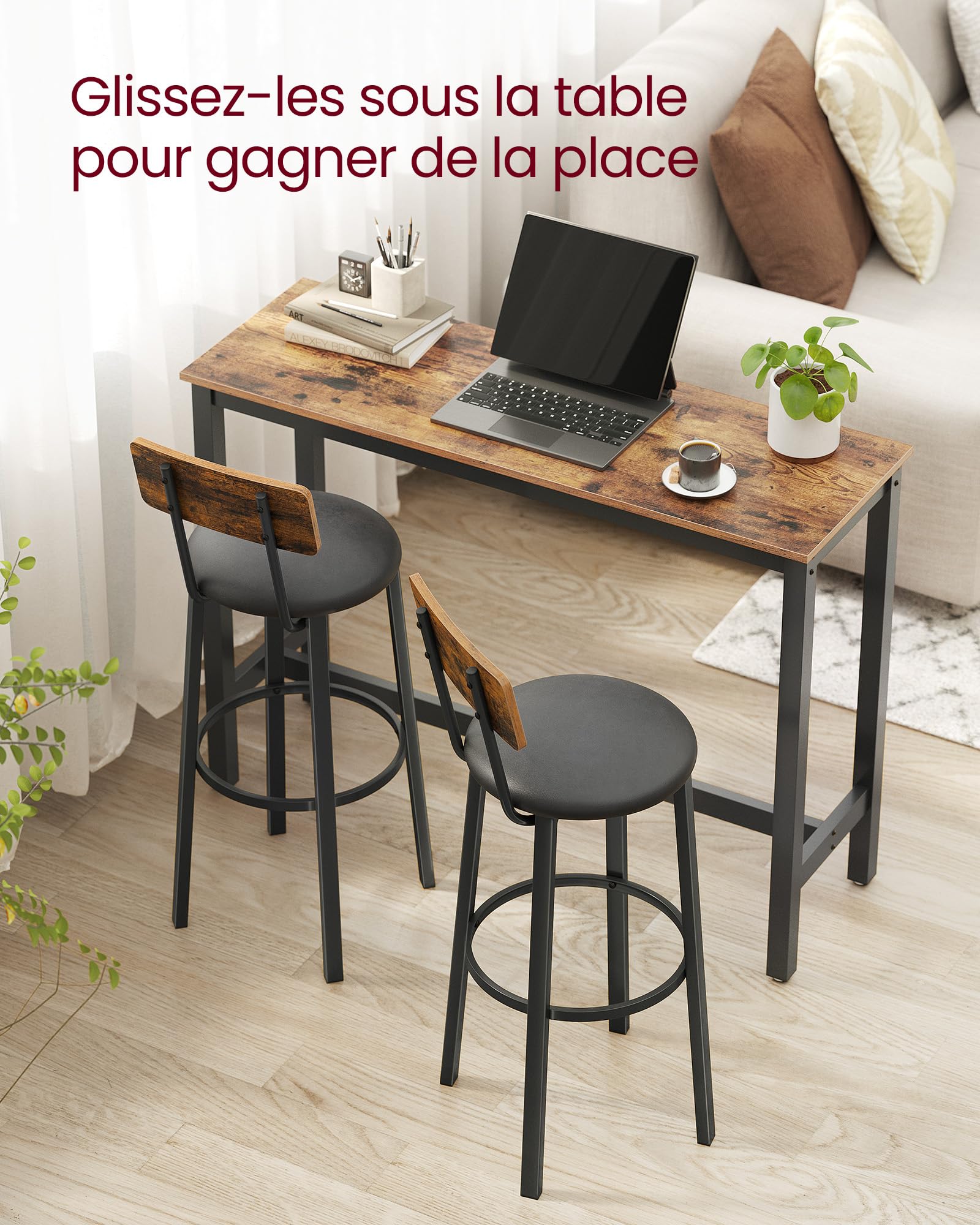 VASAGLE Tabouret de Bar, Lot de 2, Chaise de Cuisine, Rembourré, PU, Assise 75,5 cm, Repose-Pieds, Montage Simple, Industriel, Salle à Manger, Cuisine, Marron Rustique et Noir Classique LBC069B81