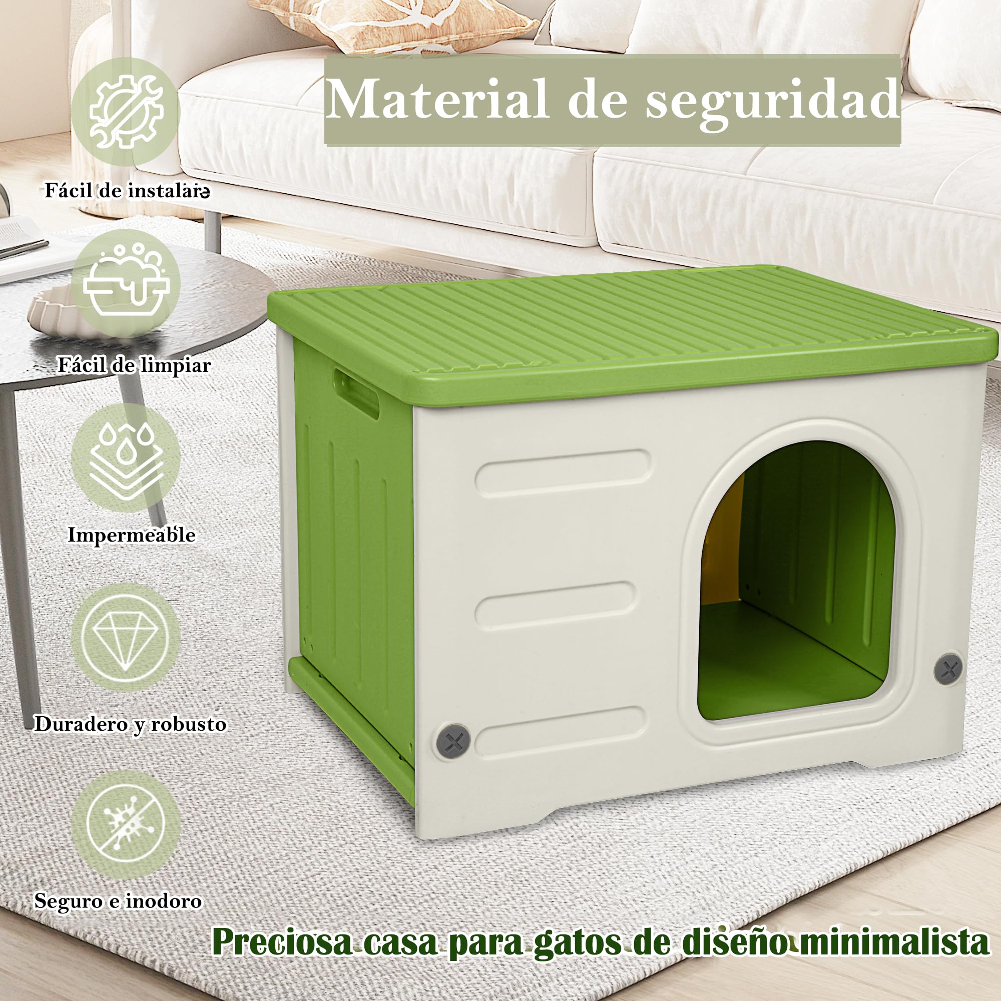 Casetta per gatti in plastica, resistente all'inverno, impilabile, isolata, impermeabile, verde