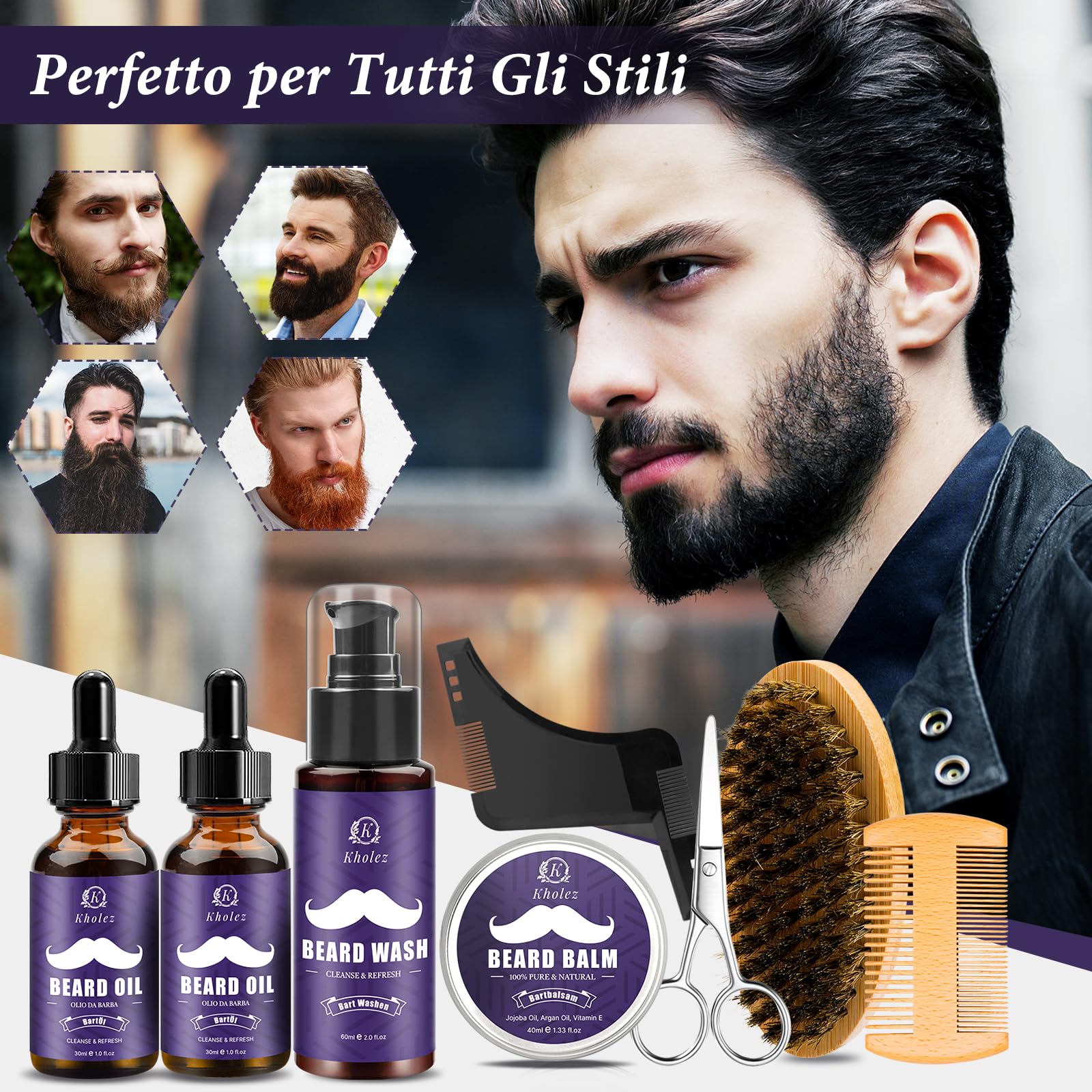 KHOLEZ Kit Barba Uomo Professionale, Set Barba Uomo, Set Cura Barba con Olio Barba, Balsamo Barba, Shampoo Barba, Forbici, Pettine Barba, Spazzola Barba, Modello Barba e Sacca Viaggio, Regalo Uomo