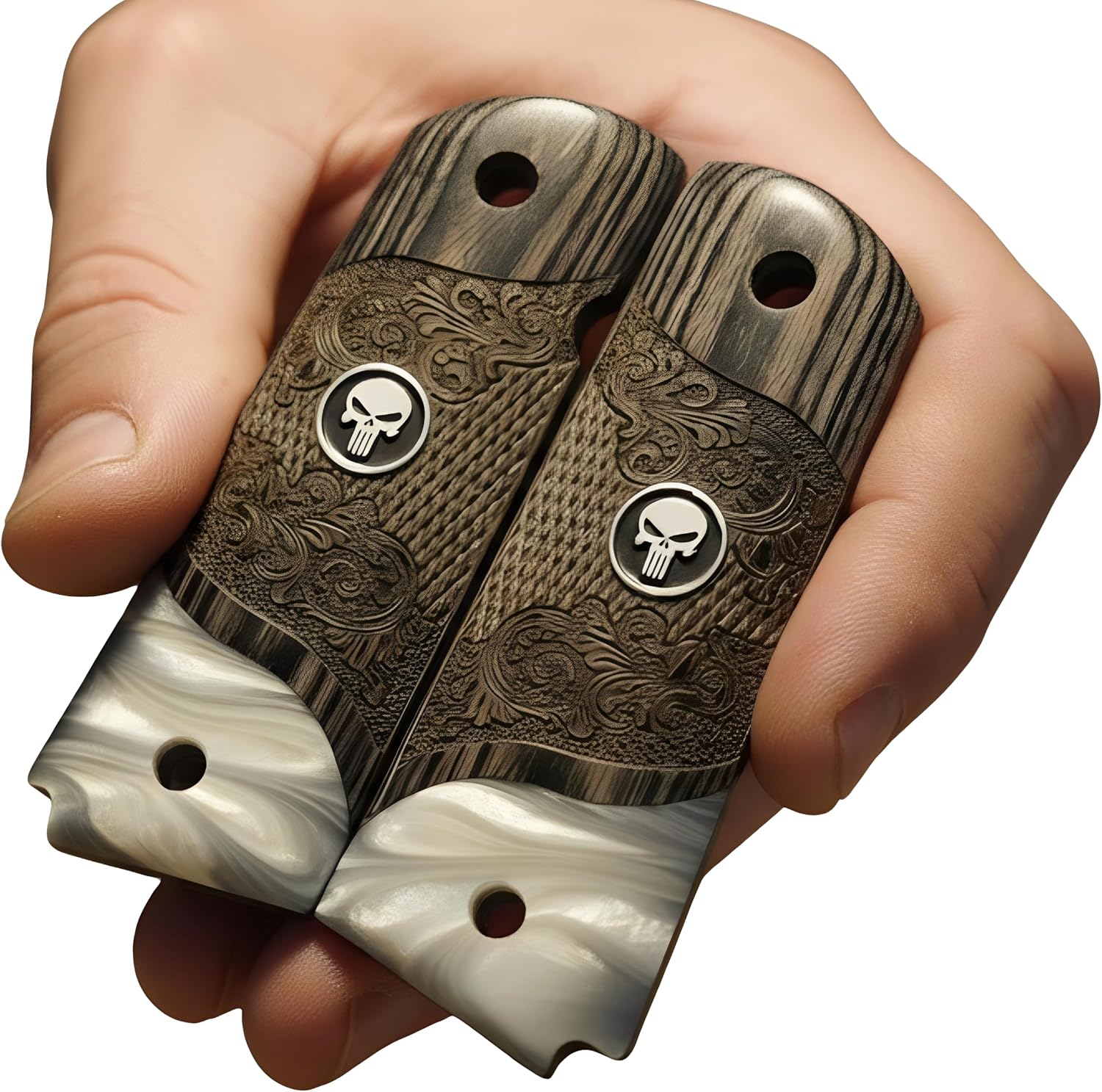 1911 Full Size Grips Carved Black Rosewood w/Acrylic Pearl with a Stylish Medallion