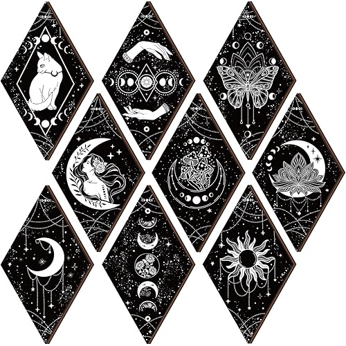 Qunclay 9 Pcs Boho Wall Decor Moon Phases Wall Art Minimalist Wooden Boho Room Decor Gothic Stars and Moon Wall Pediments Rustic Moon Phase Wall Hanging for Bedroom Living Room Farmhouse Decoration