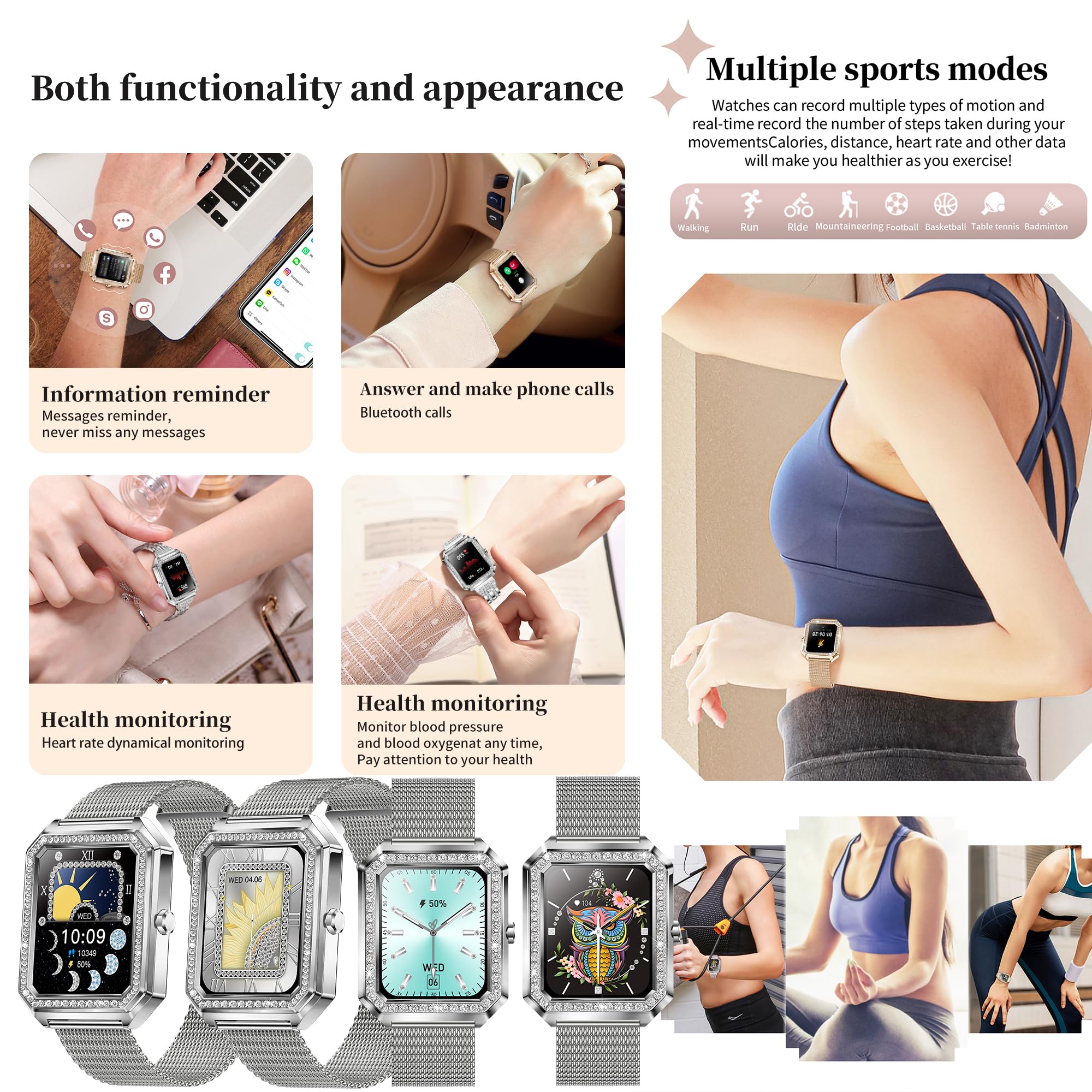 Smartwatch Donna Chiamata Bluetooth e Risposta Vivavoce, Smart Watch con Diamond Contapassi Cardiofrequenzimetro 123 Modalità Sport Orologio Fitness Tracker per Android iOS (Argento)