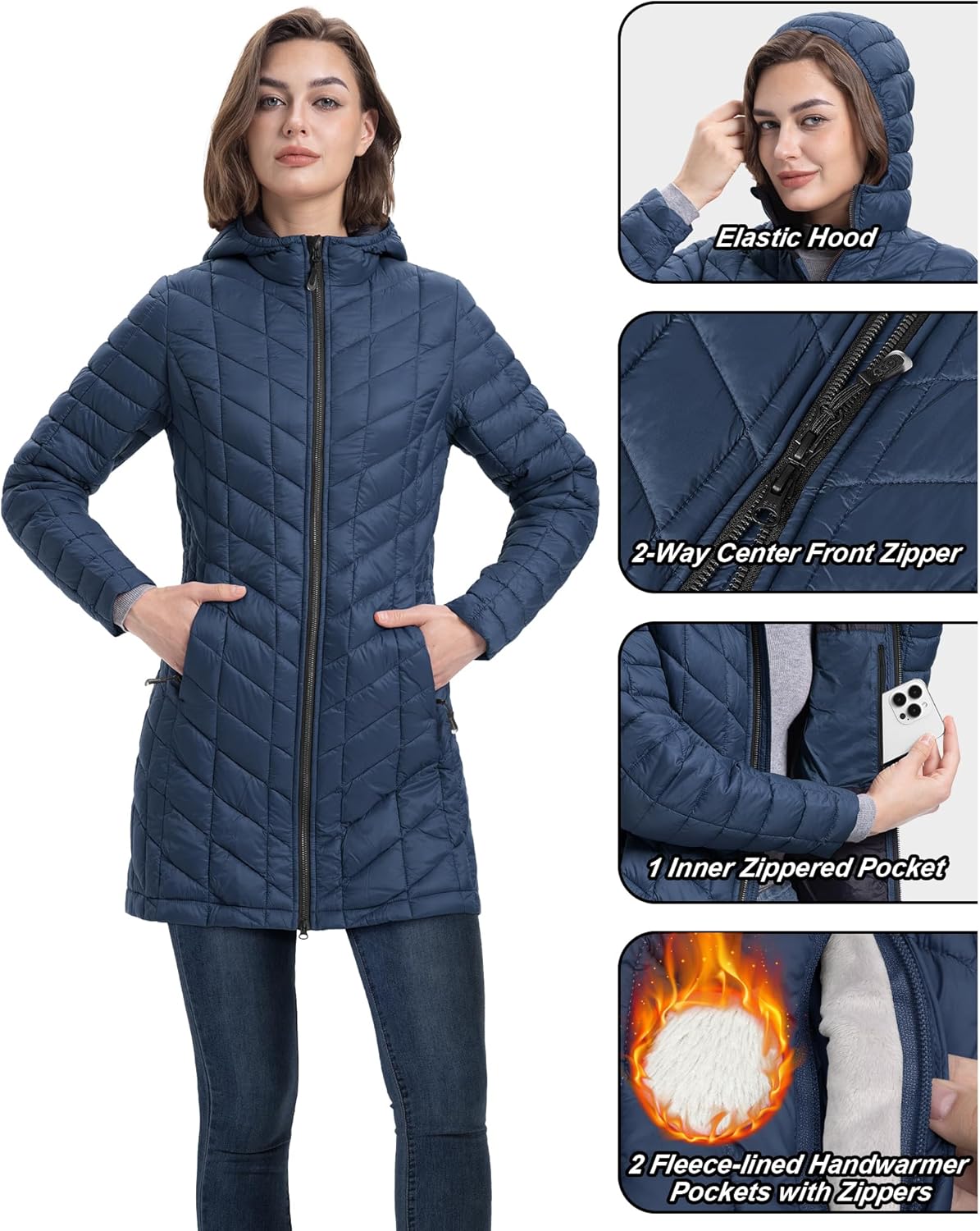 33,000ft Women's Long Puffer Jacket with Hood, Lightweight Warm Puffy Quilted Winter Coats - Image 4