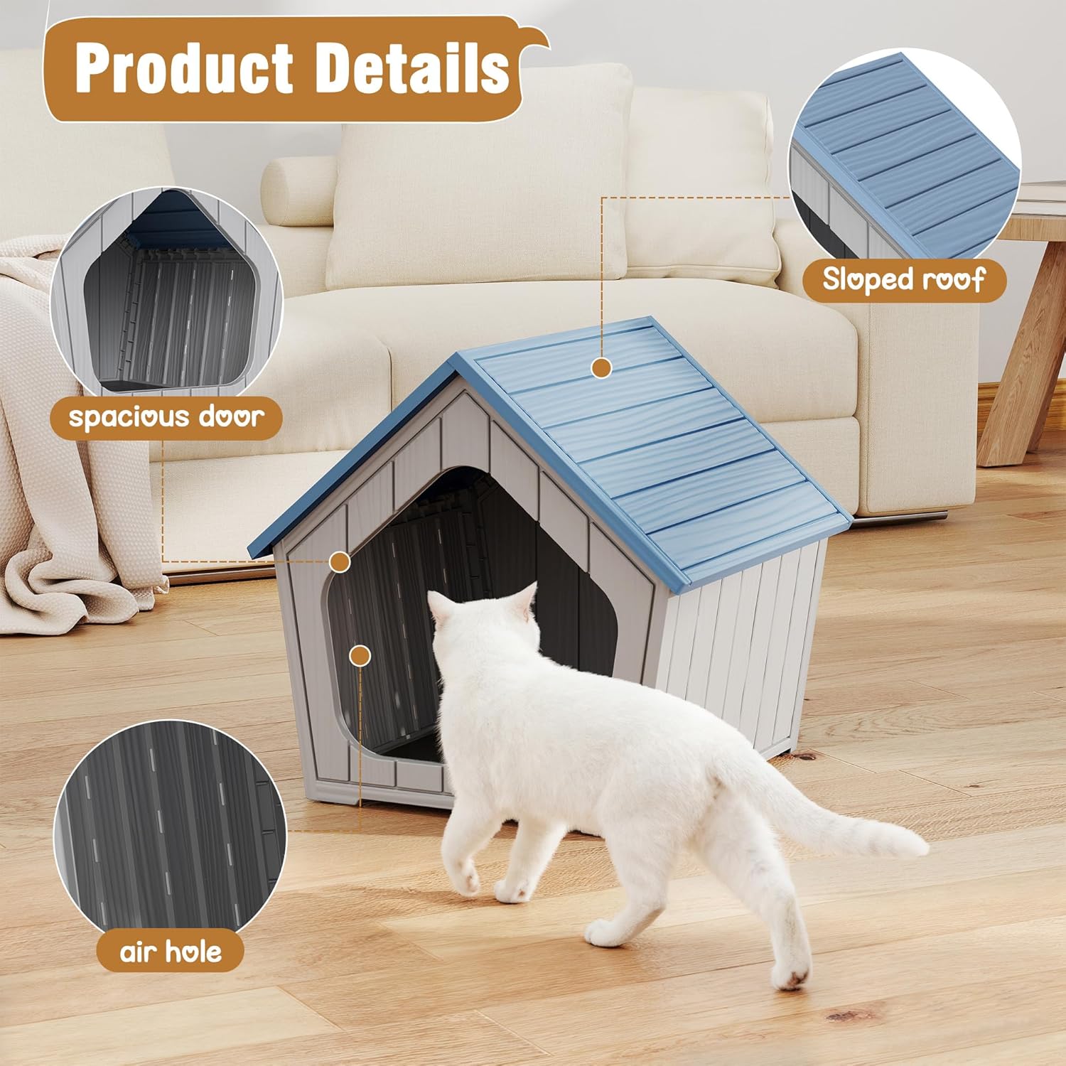 Outdoor Cat House Weatherproof, Plastic Cat House with Wide Entry, Feral Cat Shelter for Porch, Garden, Backyards, Garage, Neighborhood, Indoor(Blue)
