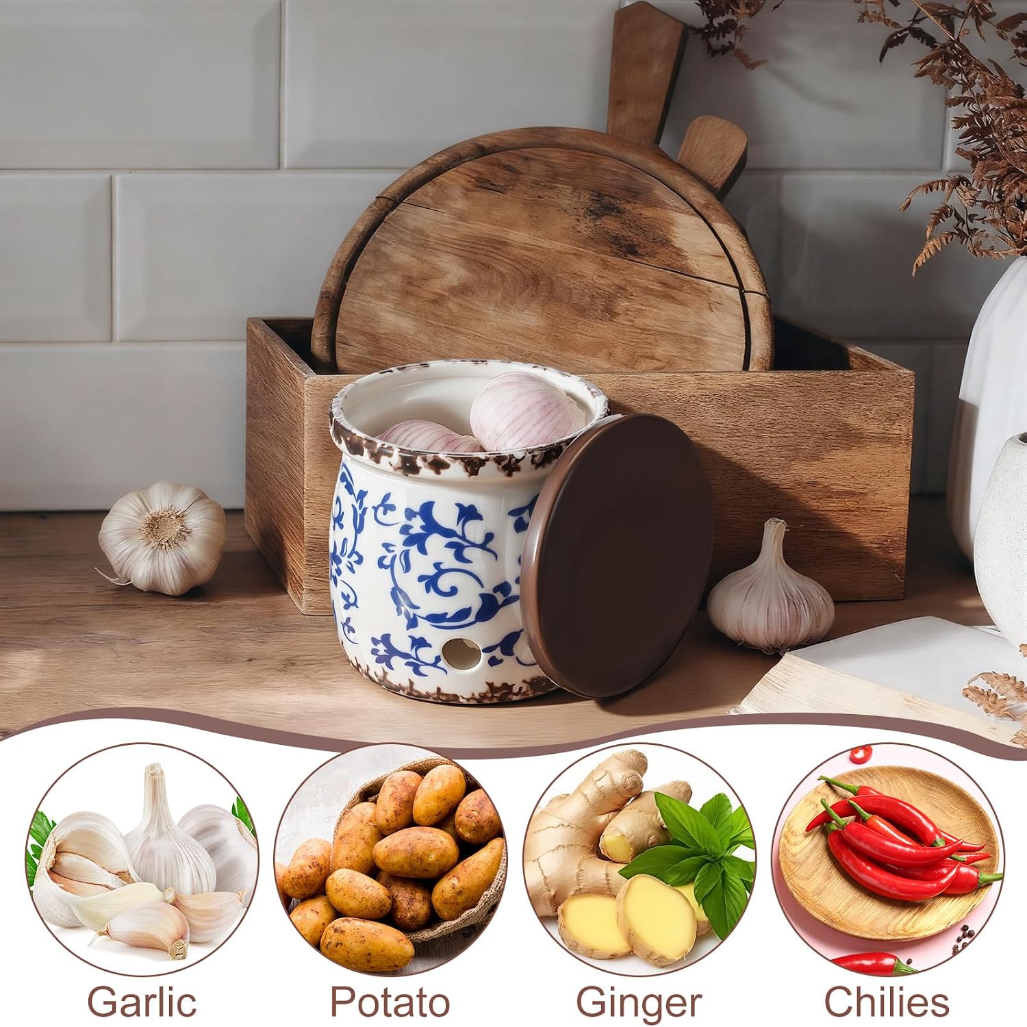 Honeydak Blue and White Porcelain Garlic Keeper with Lid 4.2" x 4" Ceramic Garlic Container for Counter Storage Countertop Holder Breathable Design for Chili Ginger Modern Farmhouse Home Kitchen Decor