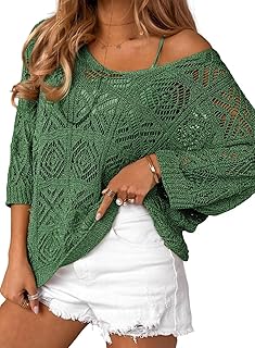 Women's 2026 Spring Summer Crochet Hollow Out 3/4 Sleeve Pullover Sweater Off Shoulder T-Shirts