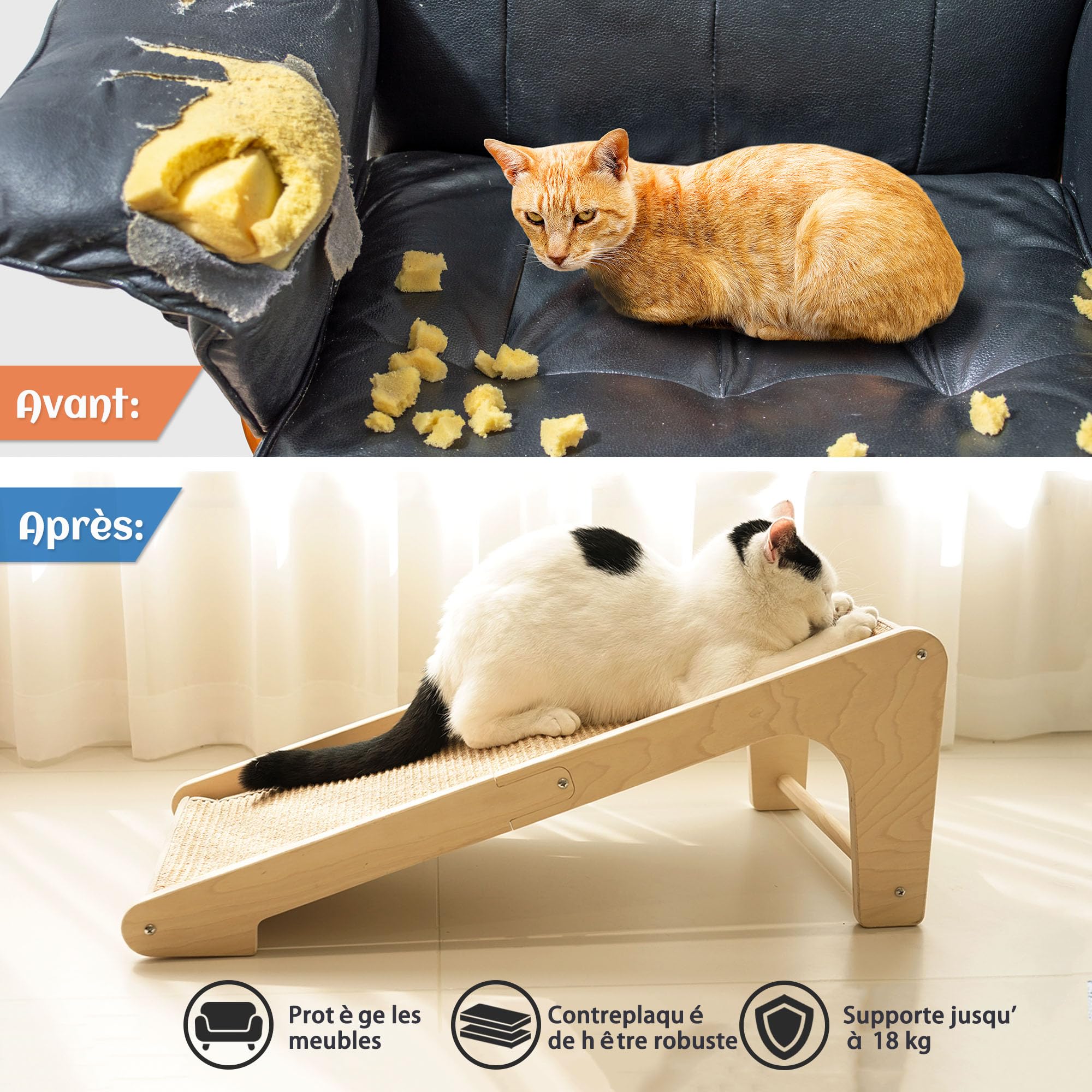PETKARAY Griffoir Double Usage pour Chat, Colonne à Griffer en Sisal en Forme de L de 68 cm de Hauteur, Tapis à Griffer pour Chats, Griffoir pour Mur et Angle (avec Herbe à Chat et Jouet Souris)
