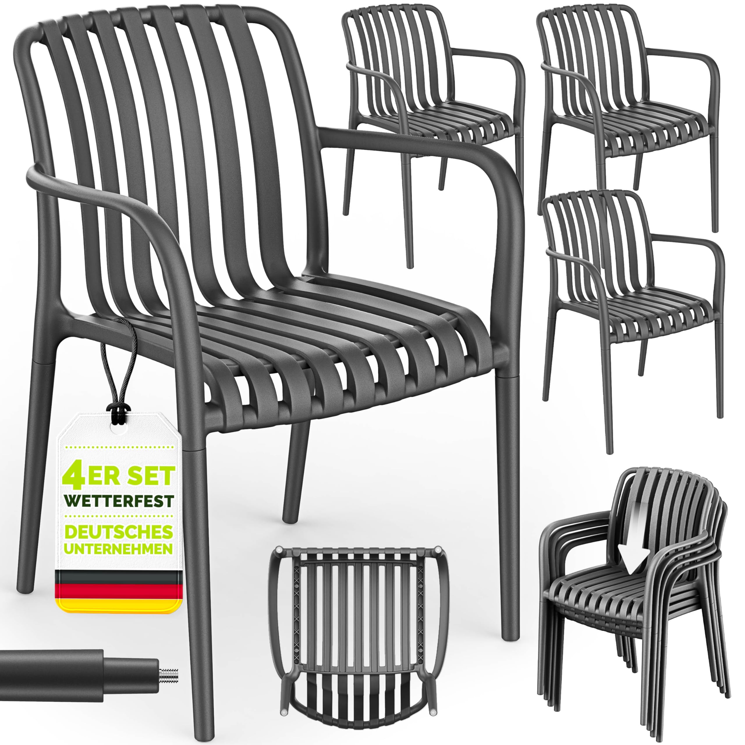 tillvex® Gartenstühle 4er Set Stapelbar Wetterfest mit Armlehne | Outdoor Stühle bis 120kg belastbar | Gartenstühle Outdoor | Terrassenstuhl Gartenmöbel Balkon Garten Terrasse