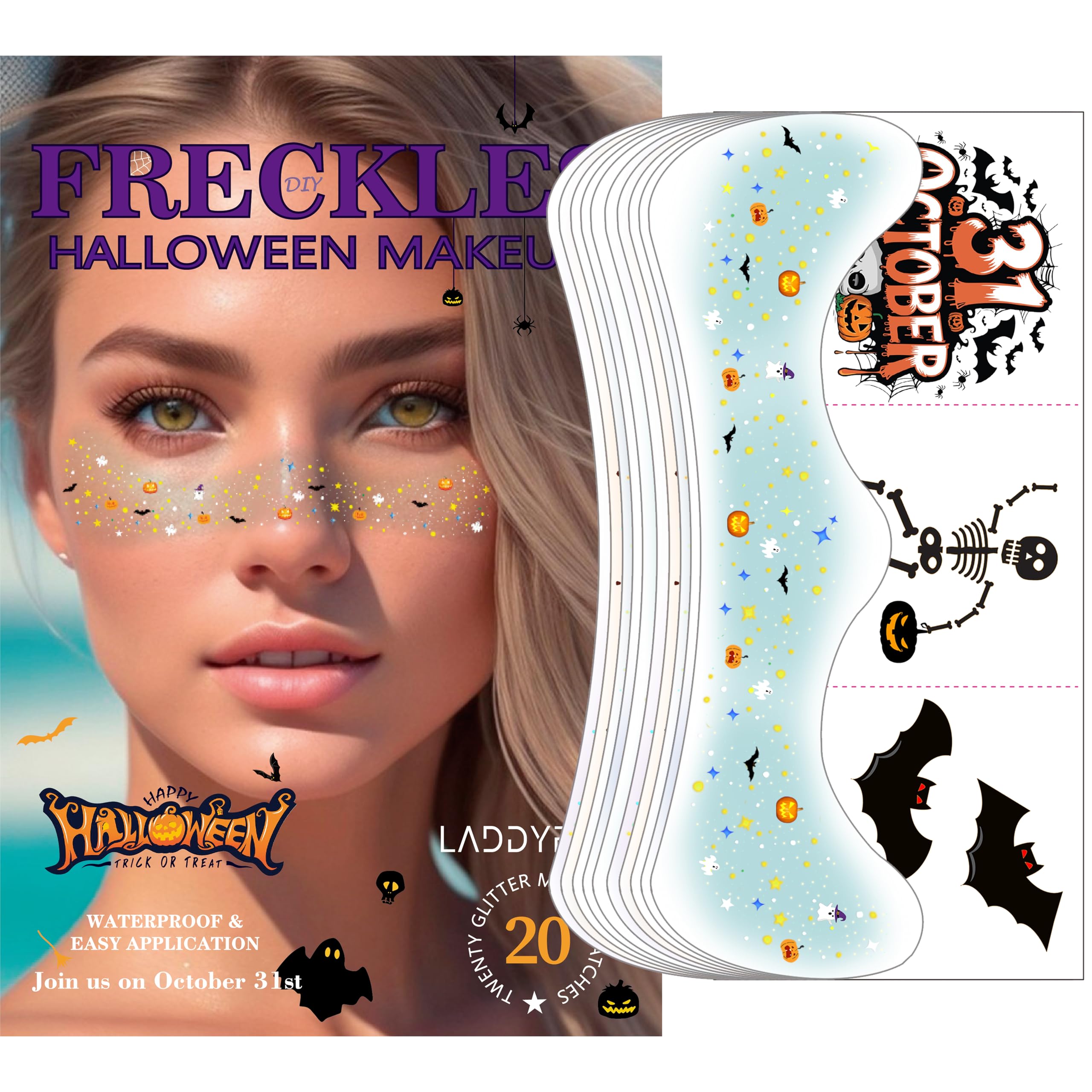 Photo 1 of *** PACK OF 7******Halloween Face Freckle Tattoos, 20Pcs Halloween Glitter Faux Freckles Face Tattoos, Waterproof Fake Tattoos Face Makeup Freckles Patches For Women, Kids, Halloween Festival Party Supply