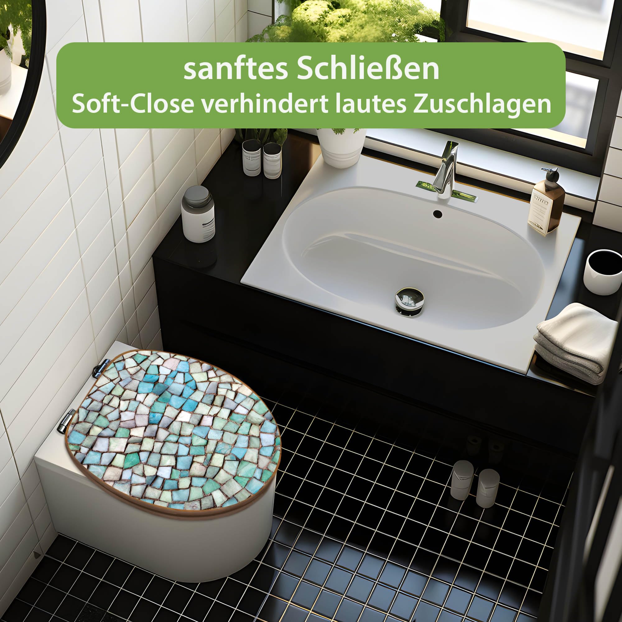 banjado Design WC Sitz Bambus Absenkautomatik 45,8x37,5cm - Toilettendeckel mit Absenkautomatik Holz - hochwertiger Bambus Klodeckel - WC-Sitz für gängigen Toiletten - Motiv Mosaik Blau