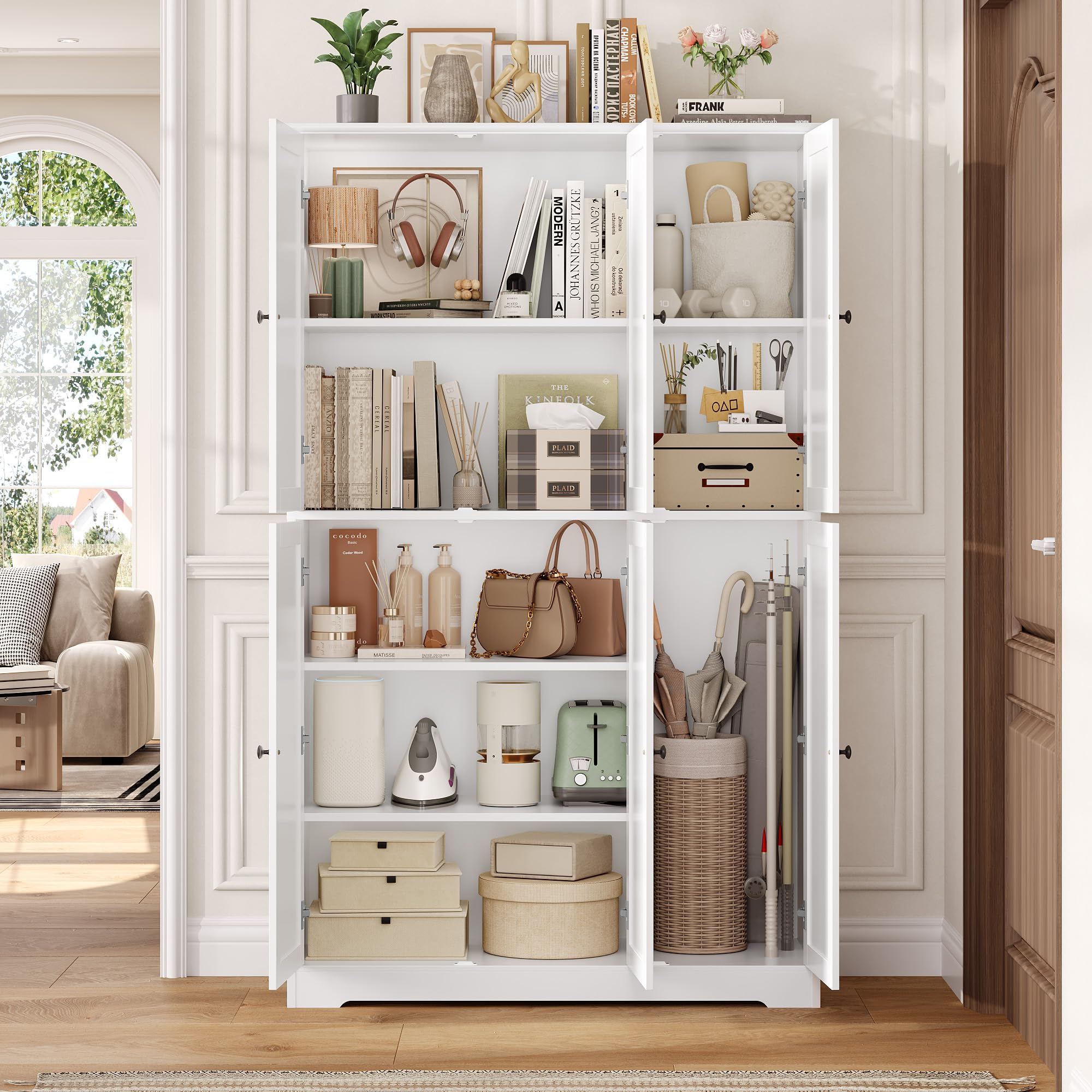 FirFurd 180 cm Credenza Cucina Alta, Mobile Dispensa Cucina con 6 Ante, Mobiletto Multiuso a Ripiani Regolabili, Mobile Cucina Dispensa, per Studio, Cucina, Ingresso, Soggiorno, 106x37x180 cm (Bianco)