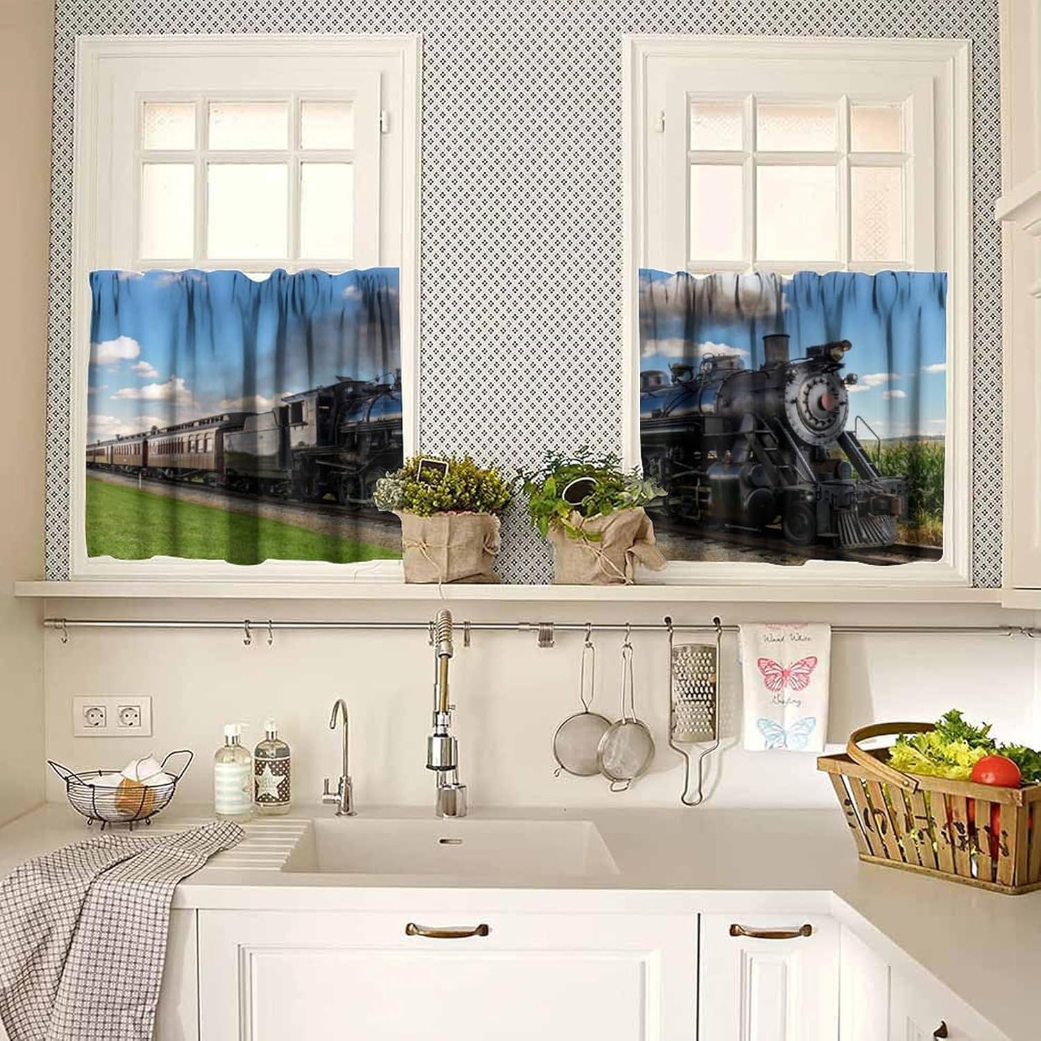 Train Valance Curtain for Kids Room Vintage Blue Sky Railway 70s Steam Mechanical Train Window Treatment Valances Curtains for Boys Living Room Bedroom Nursery，54x18In/27x36In