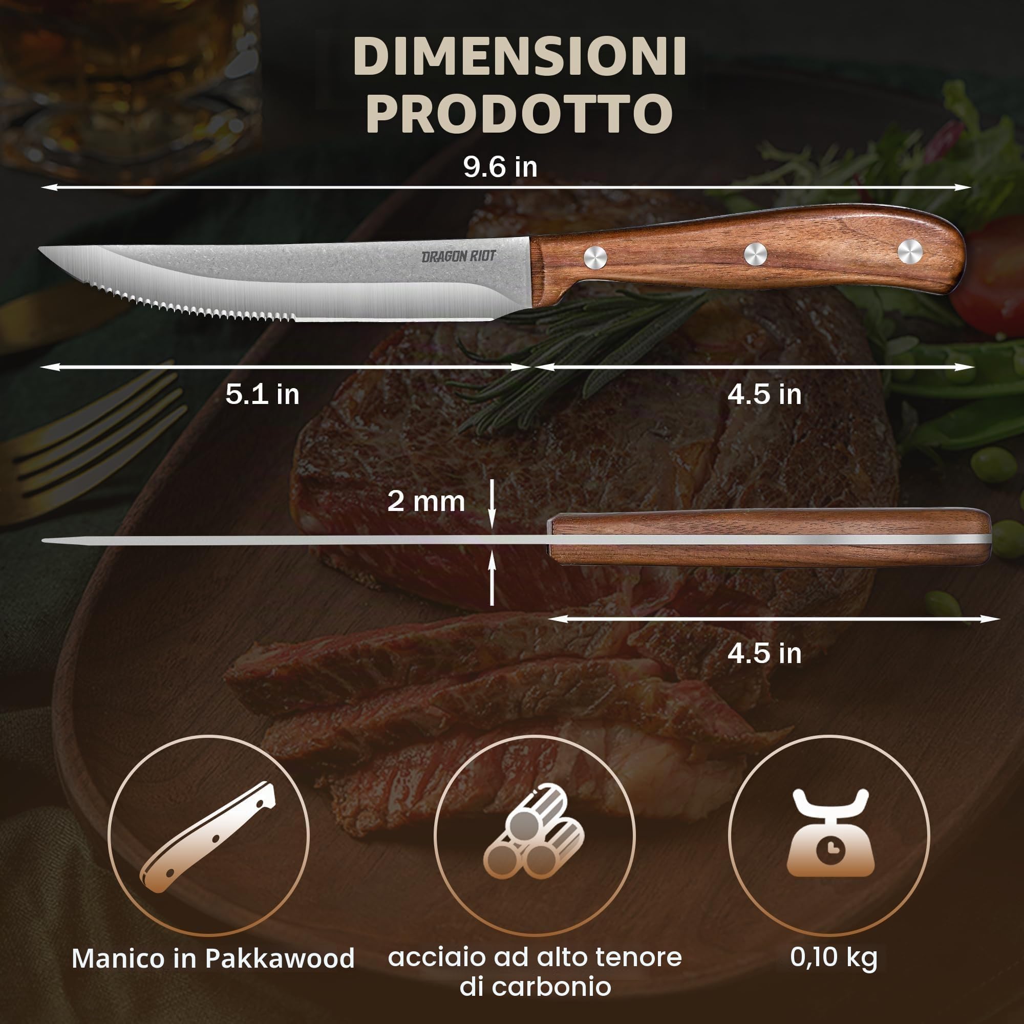 DRAGON RIOT Set Di 8 Coltelli Da Bistecca, Coltelli Da Carne Con Manico In Legno, Set Di Coltelli Da Tavola Con Confezione Regalo
