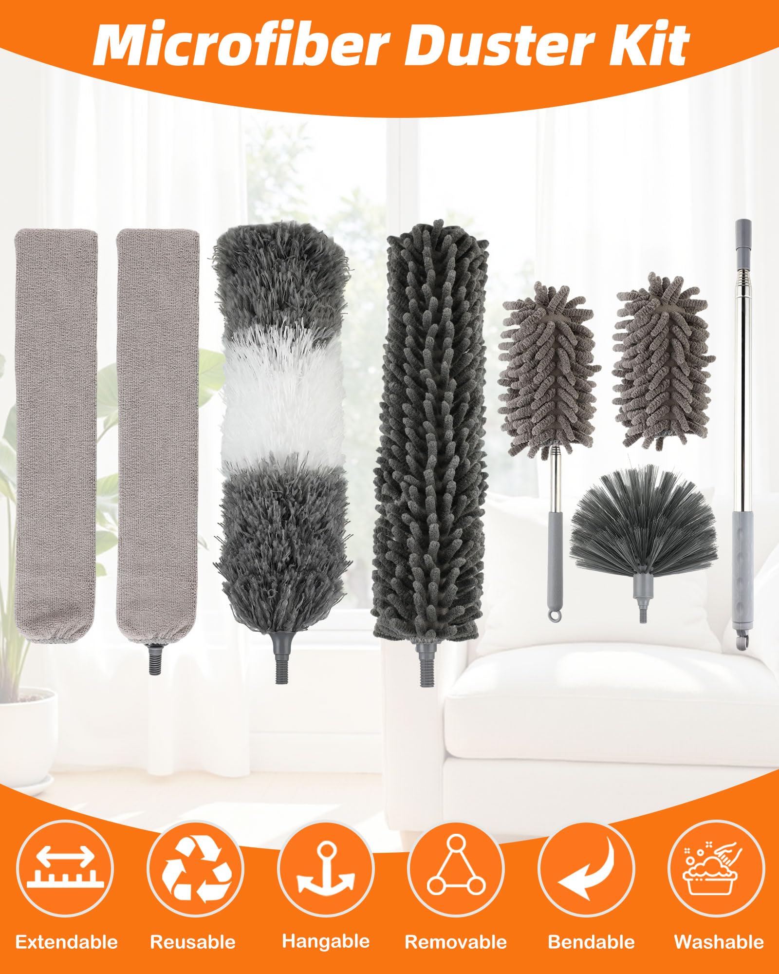 8 Piezas Plumero telescopico Extensible Lavable, Plumero atrapapolvo, Plumero Extensible, Plumero telescópico Lavable y Escoba para telarañas para techos, Grietas y Muebles