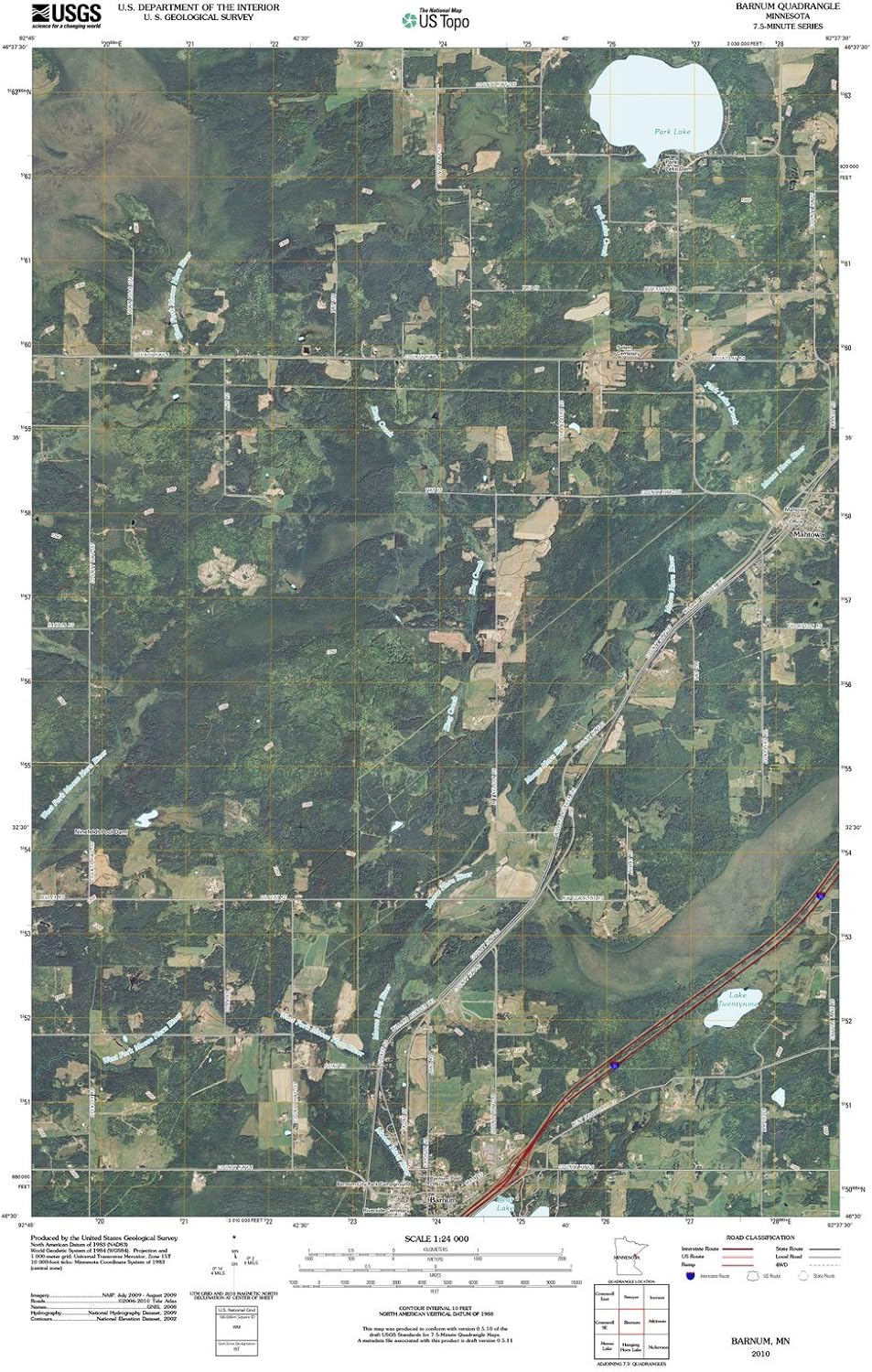 Minnesota Maps 2010 Barnum, MN USGS Historical Topographic Wall Art 24in x