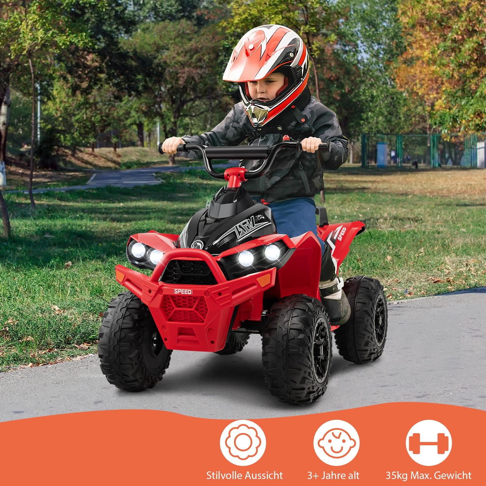 DREAMADE Kinderquad ATV, 12V Elektroquad mit LED-Lichtern,Hupe, Musik & Ladegerät, 2,15-4,3 km/h, Elektrofahrzeug für Kinder 3-8 Jahre (Rot)