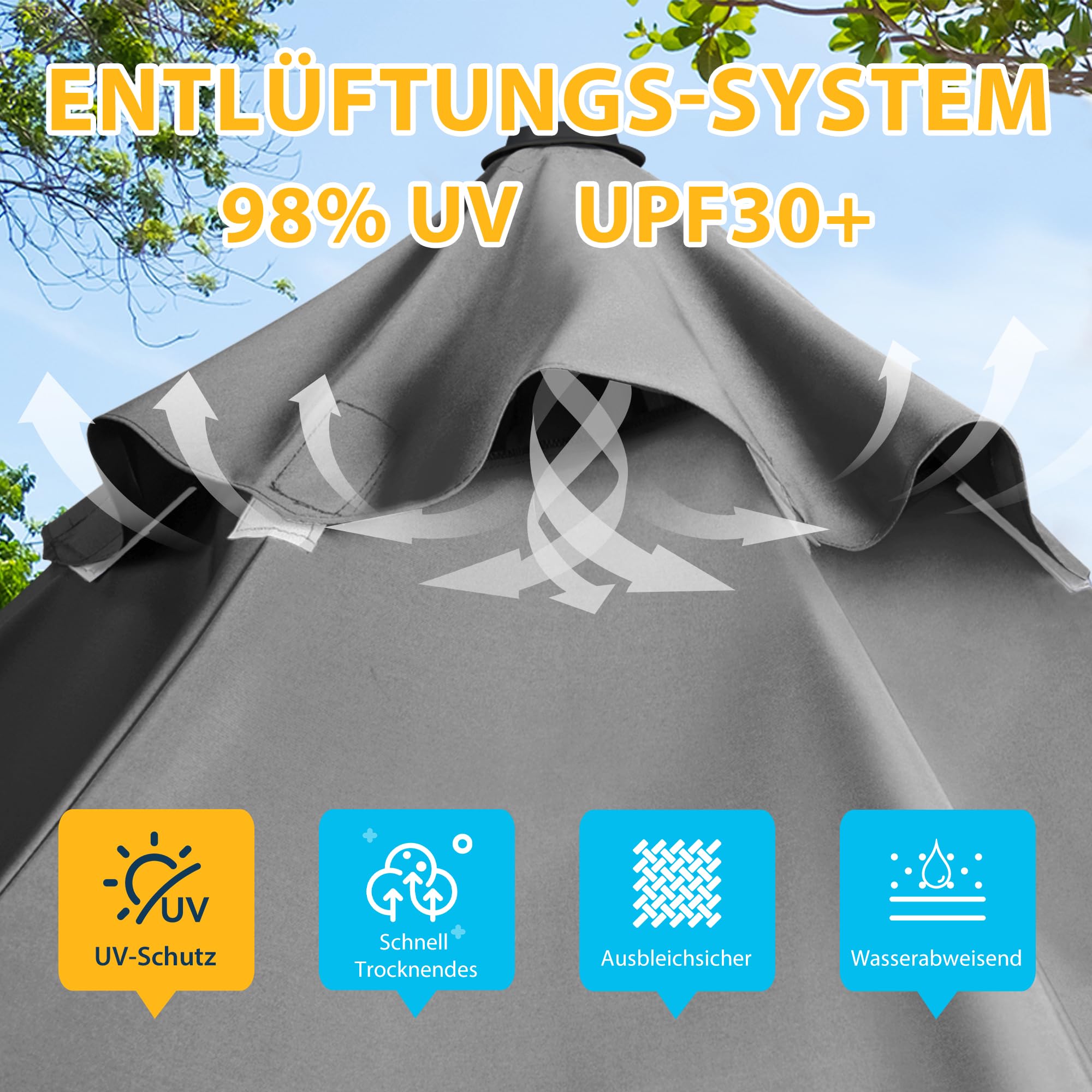 paramondo parapenda Sonnenschirm Ampelschirm aus 230 g/㎡ Polyesterfaser, Rund, Ø 3,5 m, 360° Schwenkbar, Kurbelbedienung, Grau, Stahl-Standkreuz und Gestell in Anthrazit, 20.6kg