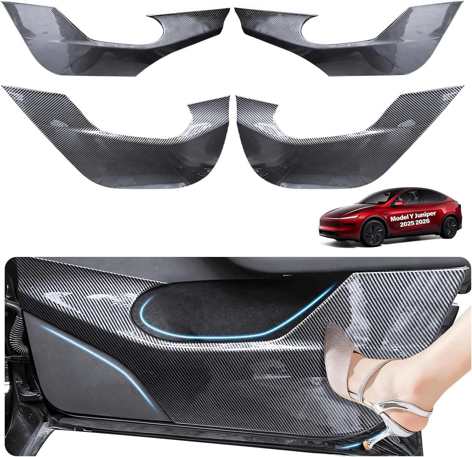 for Tesla Anti Kick Door Protector Model Y Juniper Refreshed Accessories 2025 2026 Anti-Dirty Door Kick Pad Protector Carbon Fiber Mat Waterproof Dust Resistant Protector Cover ABS Pad 4PCS