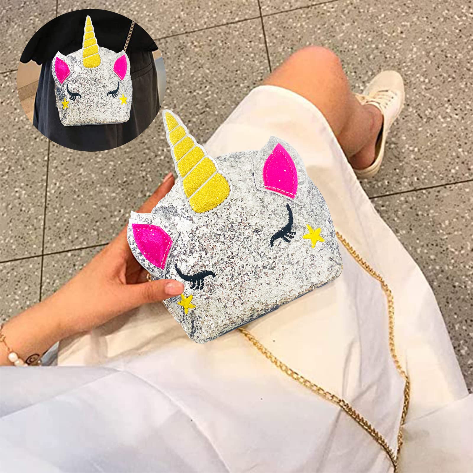 Borsa a Tracolla unicorno, Borsa Unicorno Bianco, Simpatica borsa a tracolla con unicorno, Adatta per Rossetto, Cosmetici, Pettine, Fazzoletto e altri Piccoli Cosmetici (D'argento)