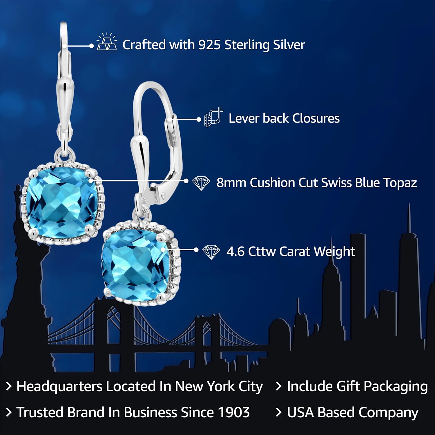 Gem Stone King 3-6 Cttw Leverback Drop Dangle Earrings for Women | 8MM Cushion Gemstone Birthstone | 925 Sterling Silver | Fine Jewelry Gifts for Her Mom Women Wife - Image 2