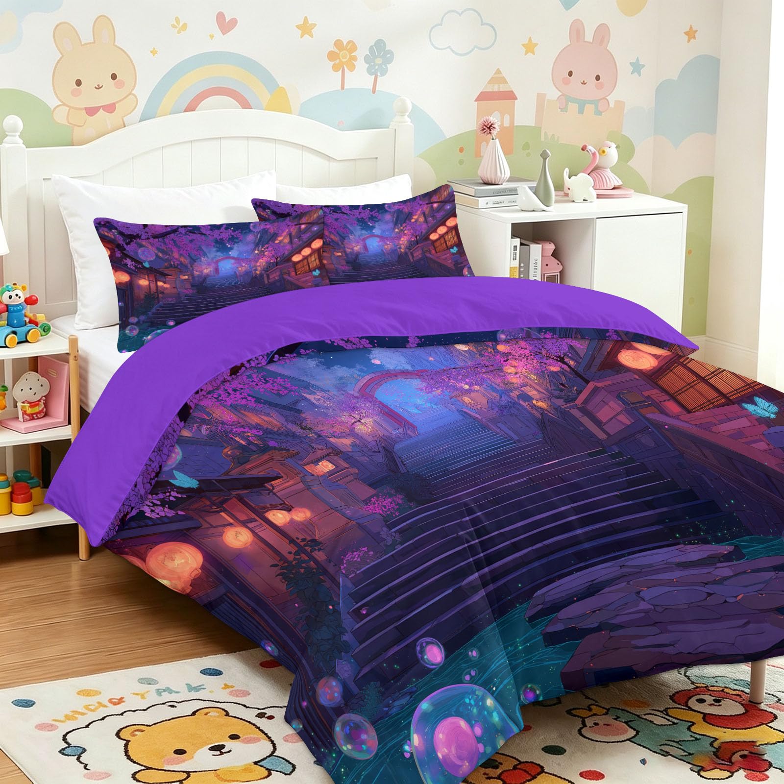 Generisch Bettwäsche Set Anime Bettbezug 200x200 cm Steinstufen‑Laterne 3D-Druck Bettwäsche-Sets 3 teilig Bügelfrei & Weich Mikrofaser Deckenbezug mit Reißverschluss und 2 Kissenbezug 80x80 cm, Lila