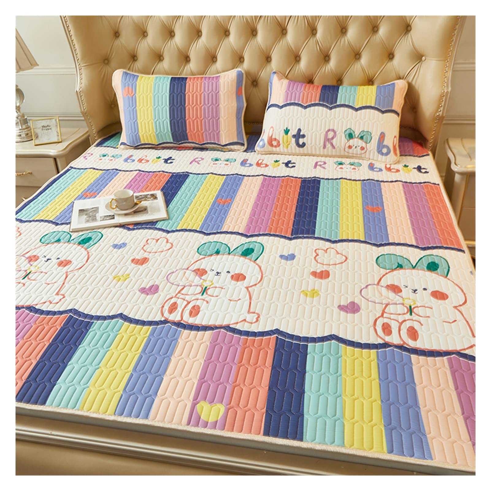Satin Bettlaken Startseite Bedruckte Thai-Latex-Feilung Sommer-Schlafmatte mit Laken Luftdurchlässige kühle Eisseide Gesteppte Bettmatte Gummiband-Bettmatten(2,120x200cm 2 pcs Set)