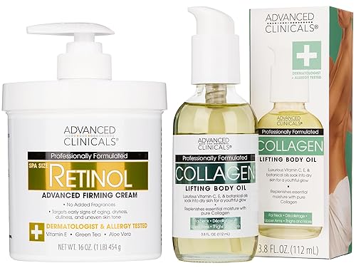 Advanced Clinicals Loción corporal de retinol + aceite corporal de colágeno reafirmante, juego de 2 piezas Loción facial de retinol sin fragancia +