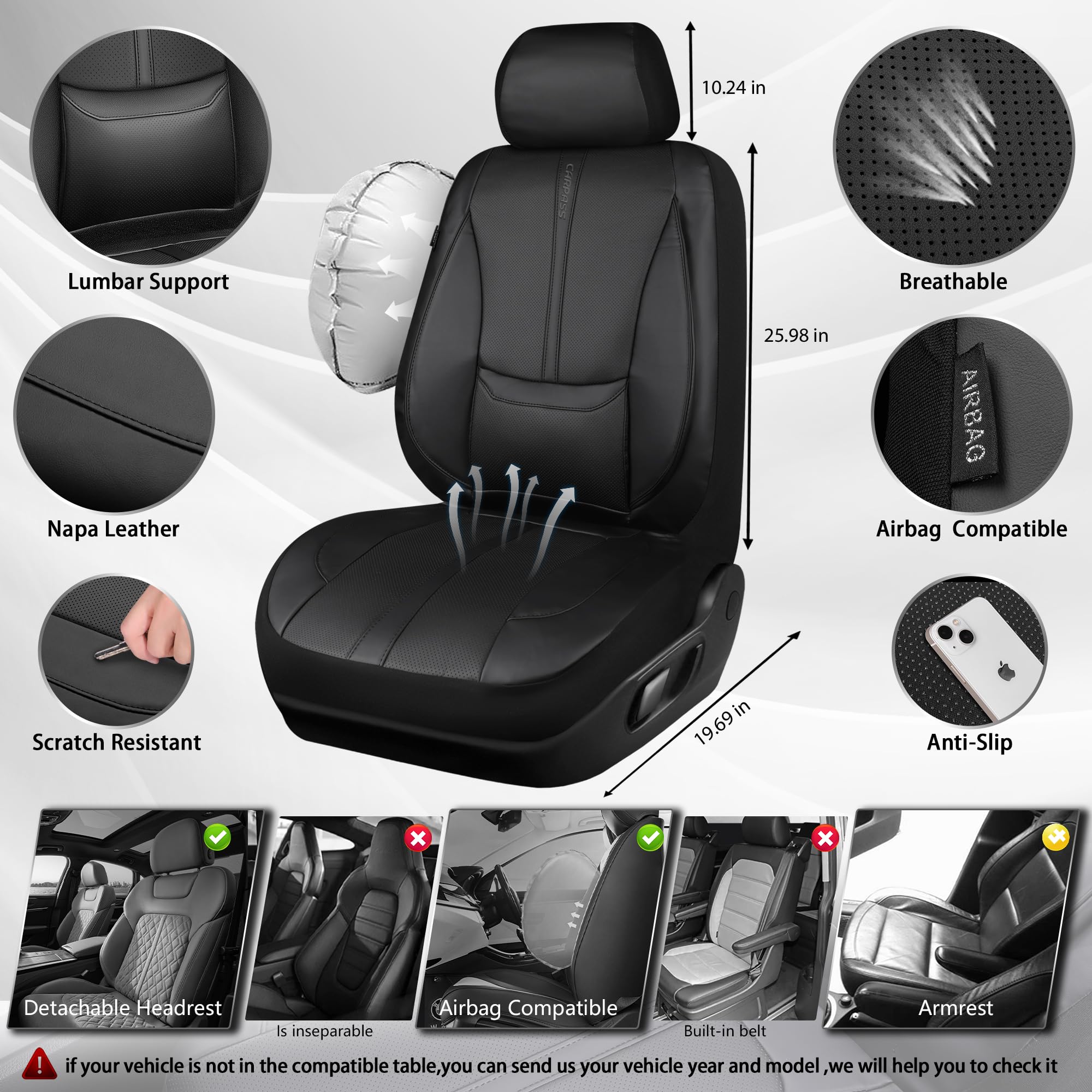 CAR PASS Nappa Leather Car Seat Covers Water Resistant 3D Foam Faux Leather Seat Covers Lumbar Support Automotive — view 4