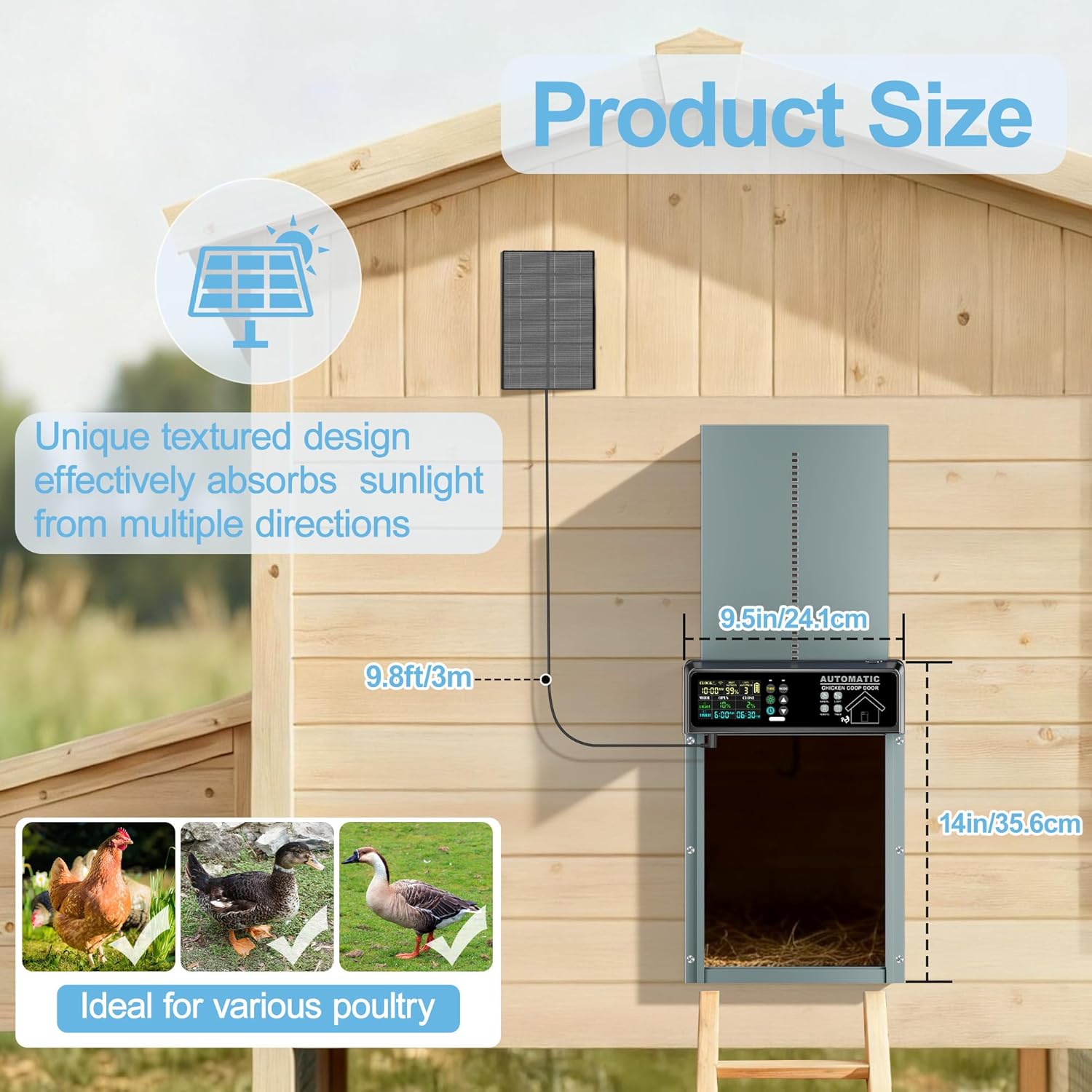Solar Powered Automatic Chicken Coop Door with 6 Modes, Smart Anti-Pinch Safety, Color LCD Display, All-Weather Operation, Aluminum Auto Chicken Door with Programmable Remote Control (Light Blue)