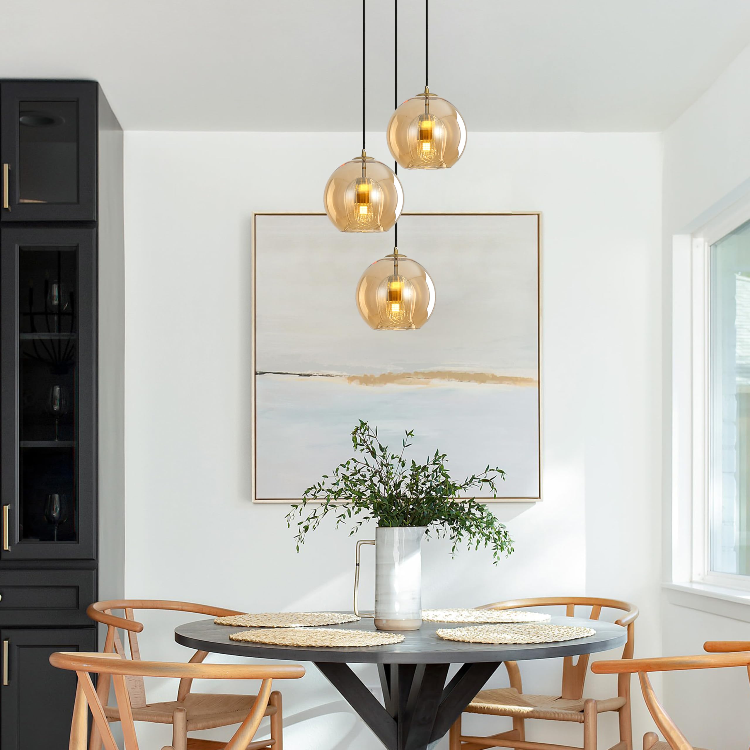 Lampadario a Globo in Vetro Moderno e Base Dorata, E27 Lampada a Sospensione Regolabile, Industrial Lampada da Soffitto per Isole Cucina, Soggiorni, Camere da Letto (Ambra, 25CM)